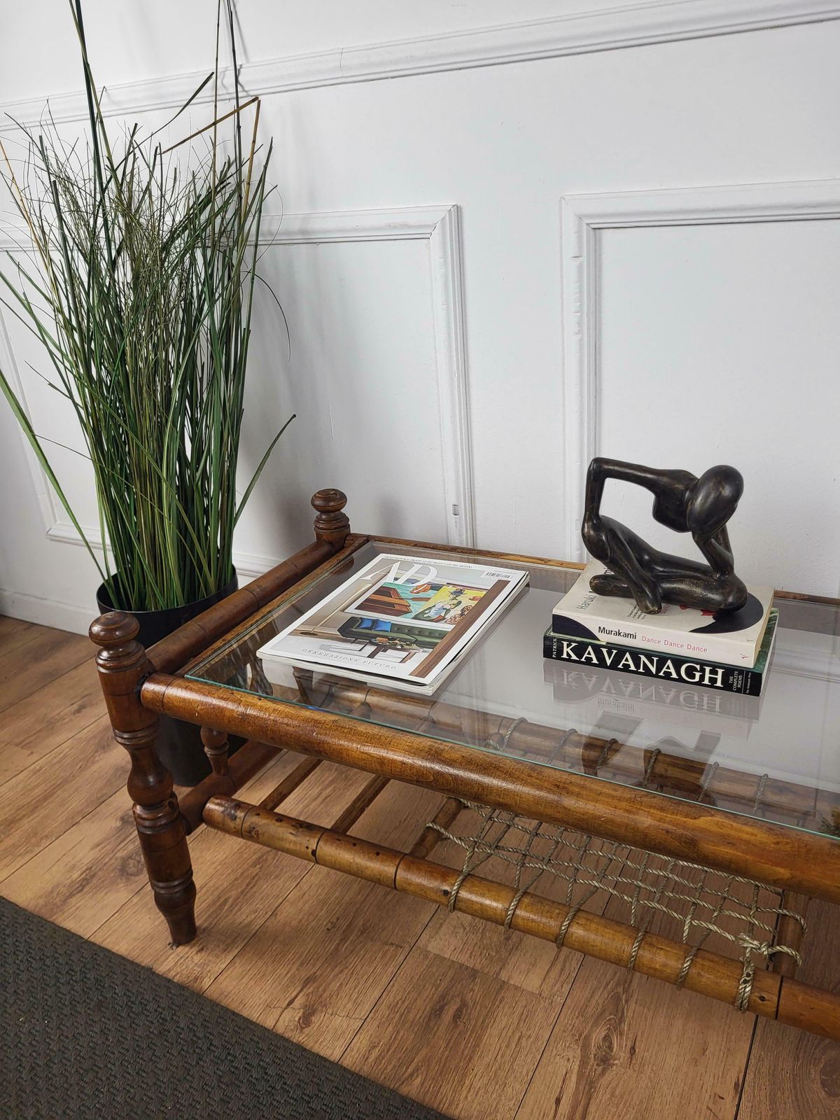 Antique Italian Walnut Glass Top And Rope Carved Turned Coffee Table Side Table photo for sale