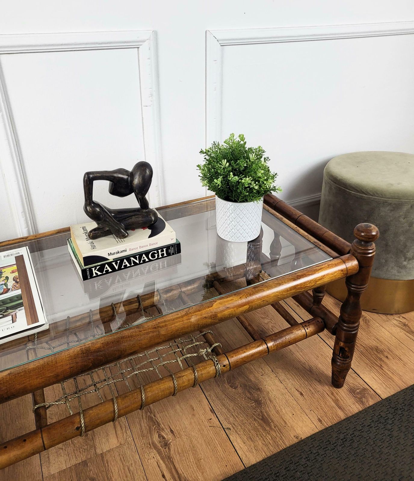 Antique Italian Walnut Glass Top And Rope Carved Turned Coffee Table Side Table photo Furniture