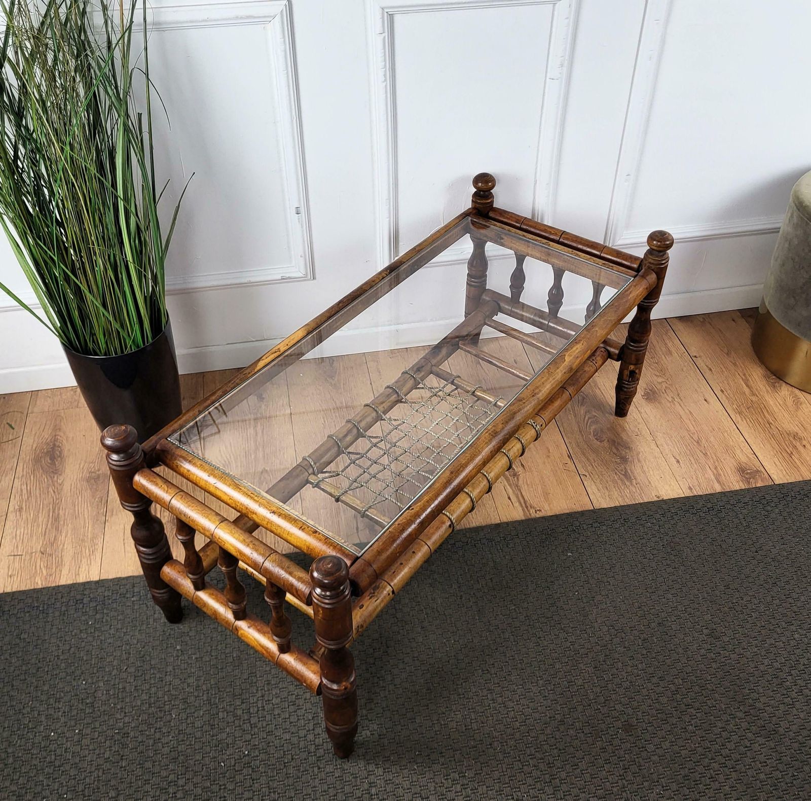 Antique Italian Walnut Glass Top And Rope Carved Turned Coffee Table Side Table photo buy