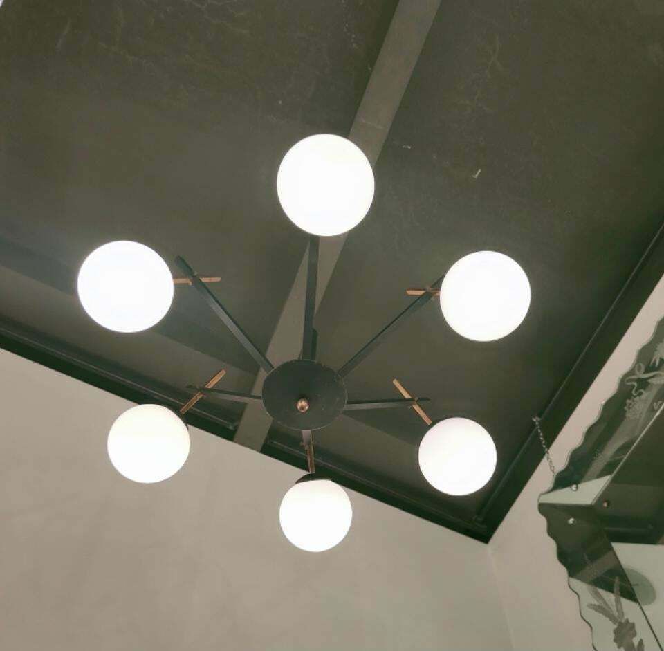 Stilnovo Chandelier Brass Iron Opaline Glass, 1950, Italy photo buy