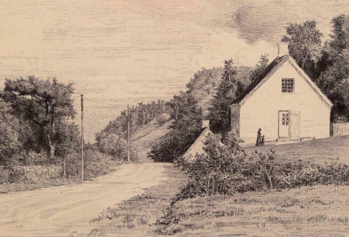 Carl Bloch (1834–1890). Etching On Paper. Houses By The Road. photo for sale