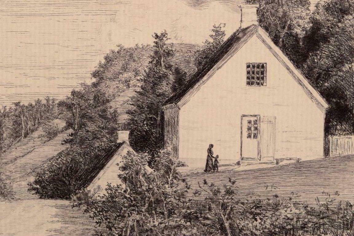 Carl Bloch (1834–1890). Etching On Paper. Houses By The Road. photo 240.0