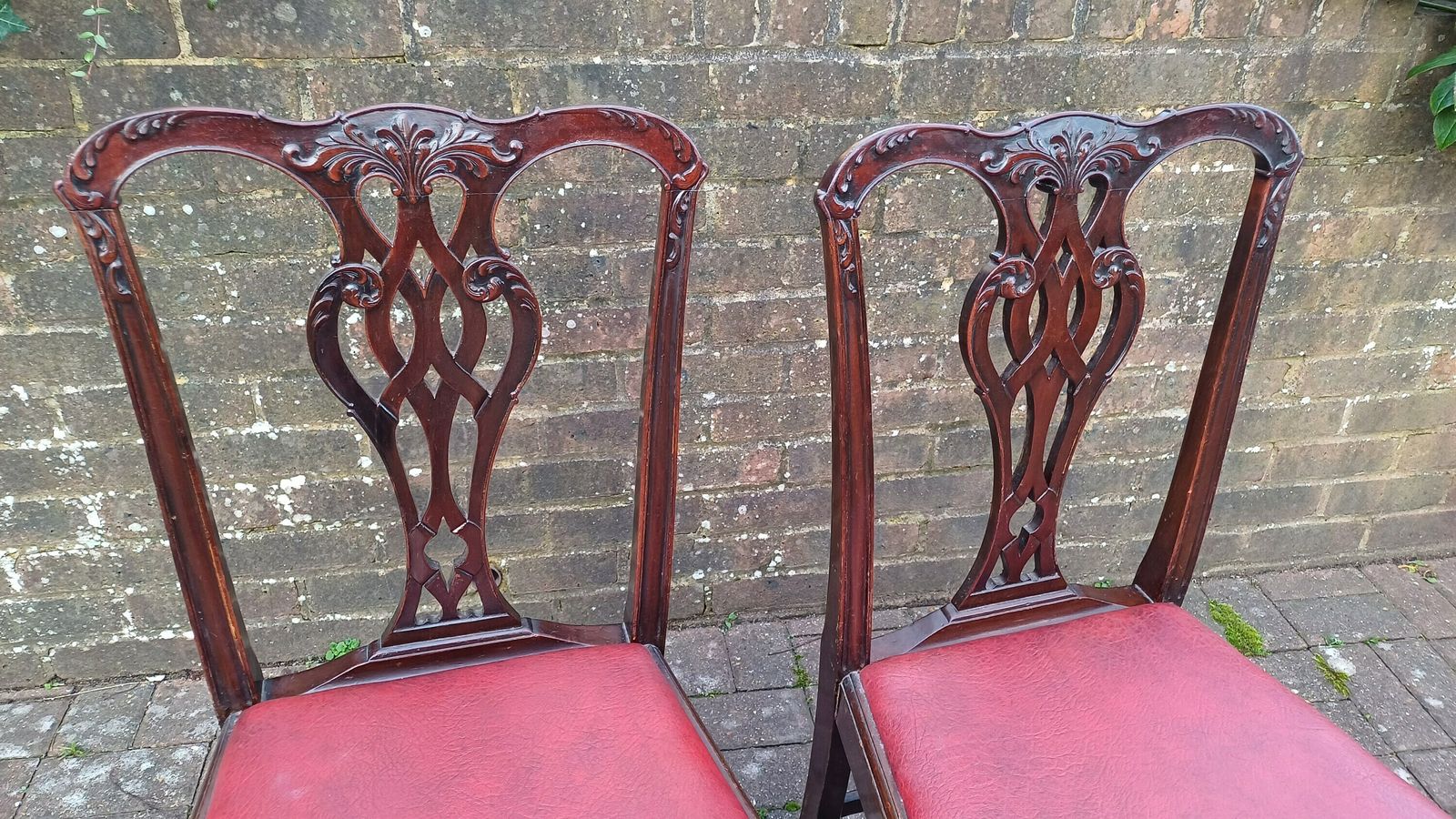 Pair Of Vintage Late Victorian Carved Mahogany Chairs Red Leatherette Seats. photo for sale
