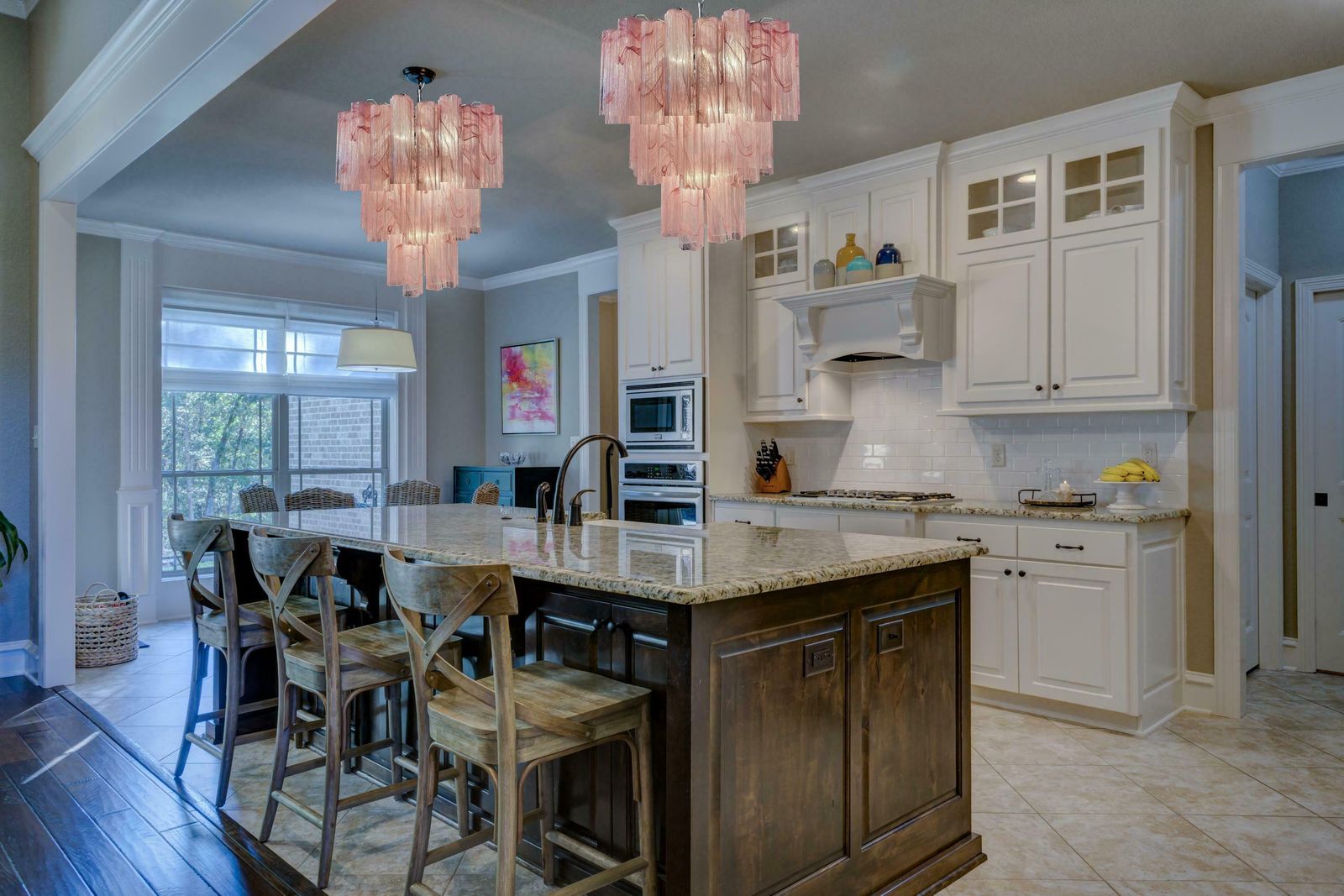3615.0 Pair Murano Glass Chandeliers, Pink Alabaster photo