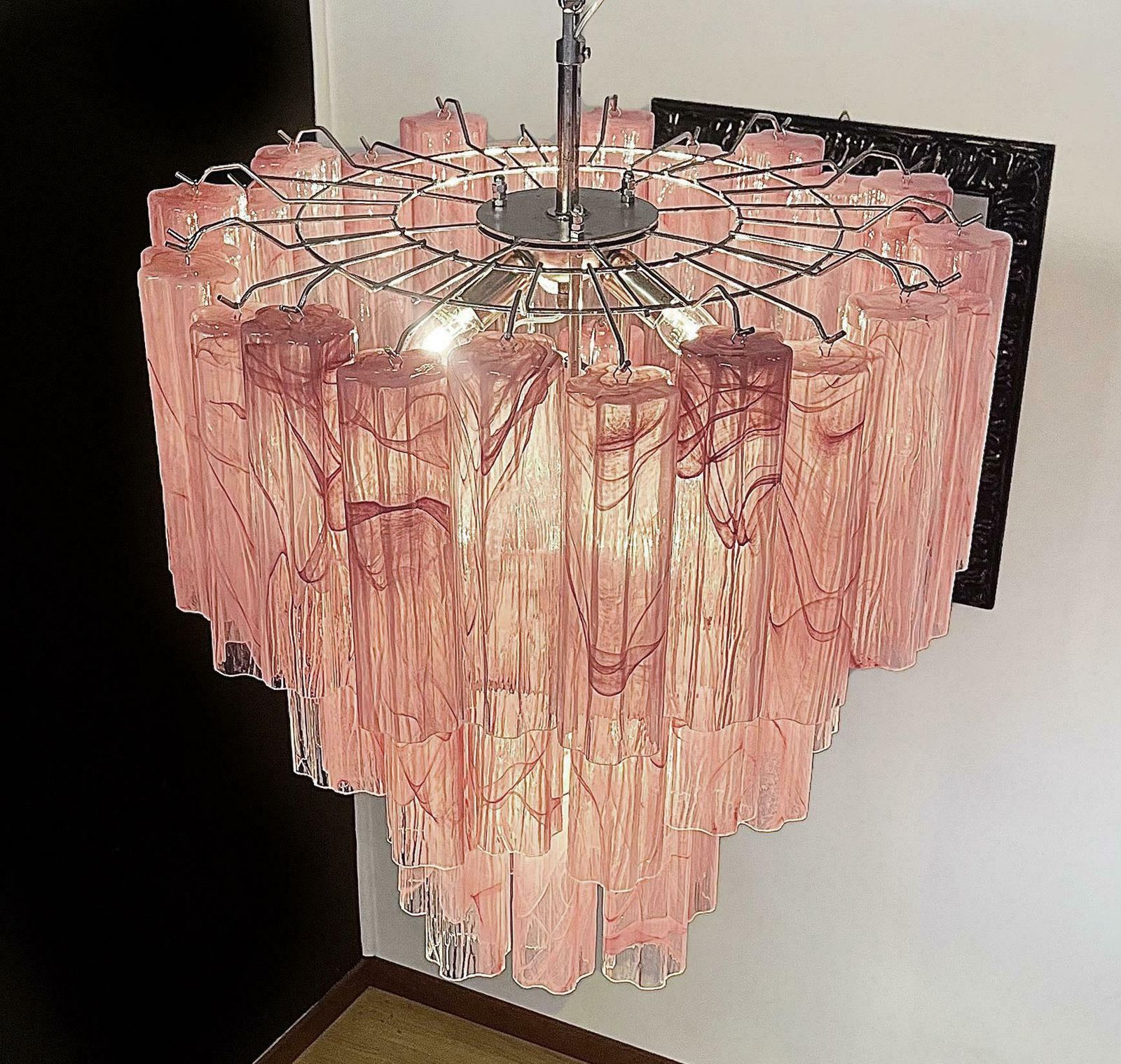 photo vintage Pair Murano Glass Chandeliers, Pink Alabaster