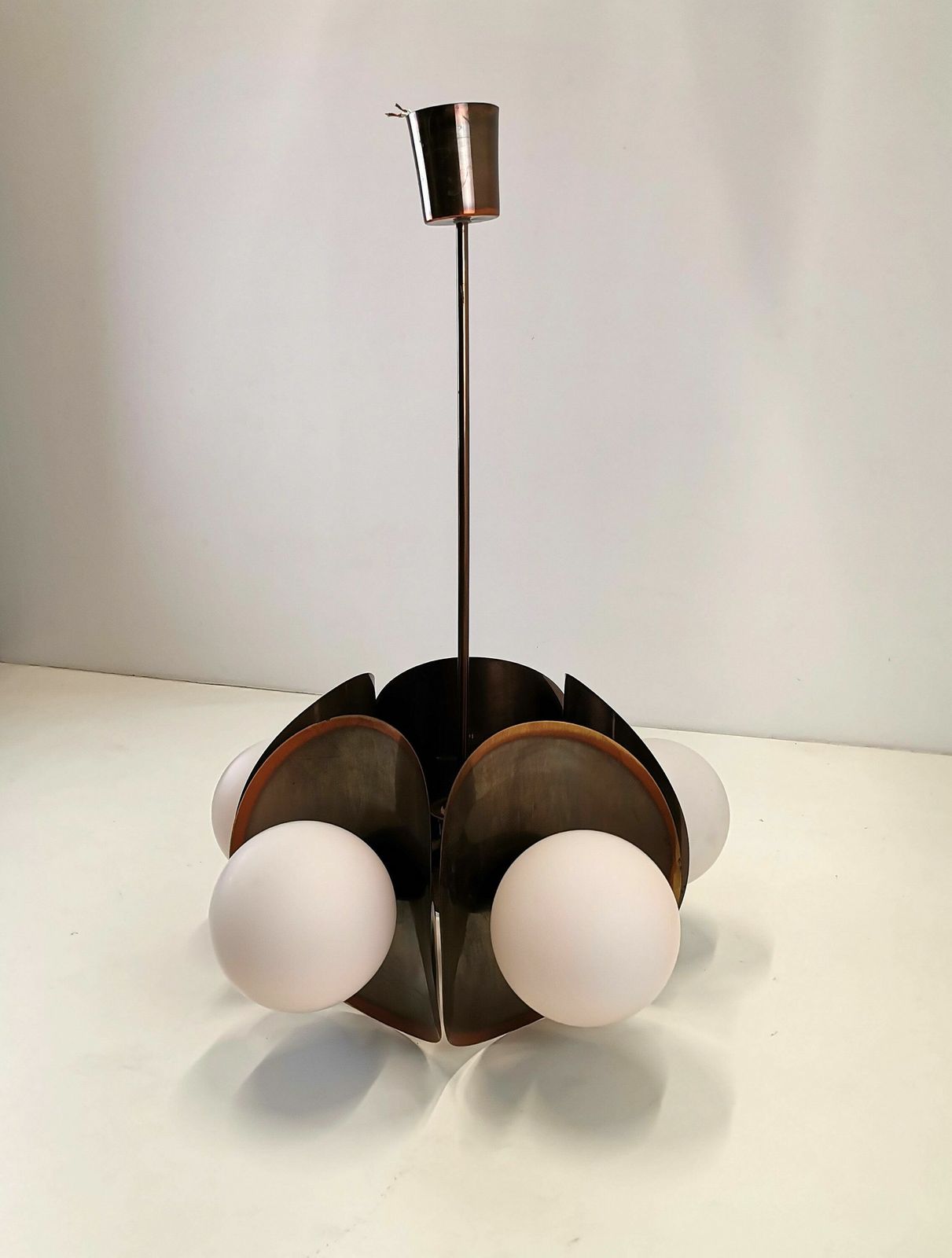 Vintage Copper Pendant Light With 5 White Glass Spheres / Mid Century Sputnik Style Pendant Light / 70s Yugoslavia photo for sale