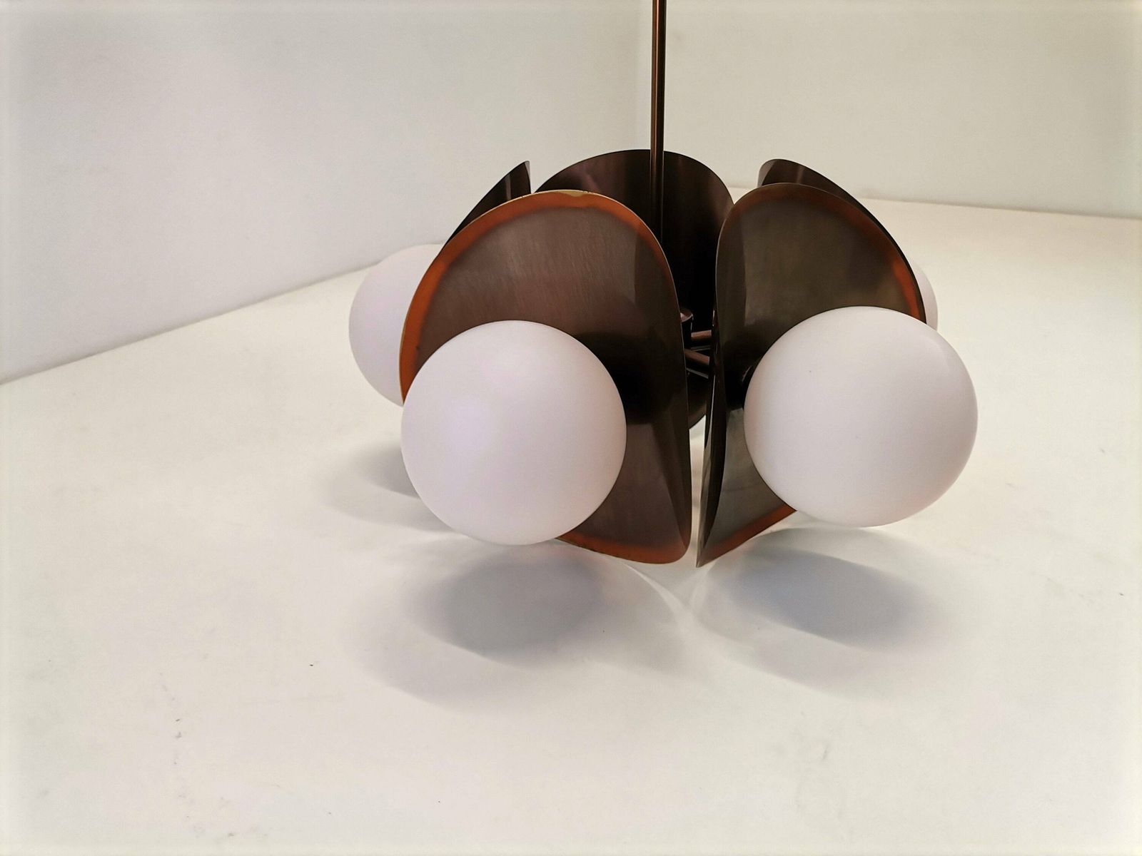 Vintage Copper Pendant Light With 5 White Glass Spheres / Mid Century Sputnik Style Pendant Light / 70s Yugoslavia photo Lighting