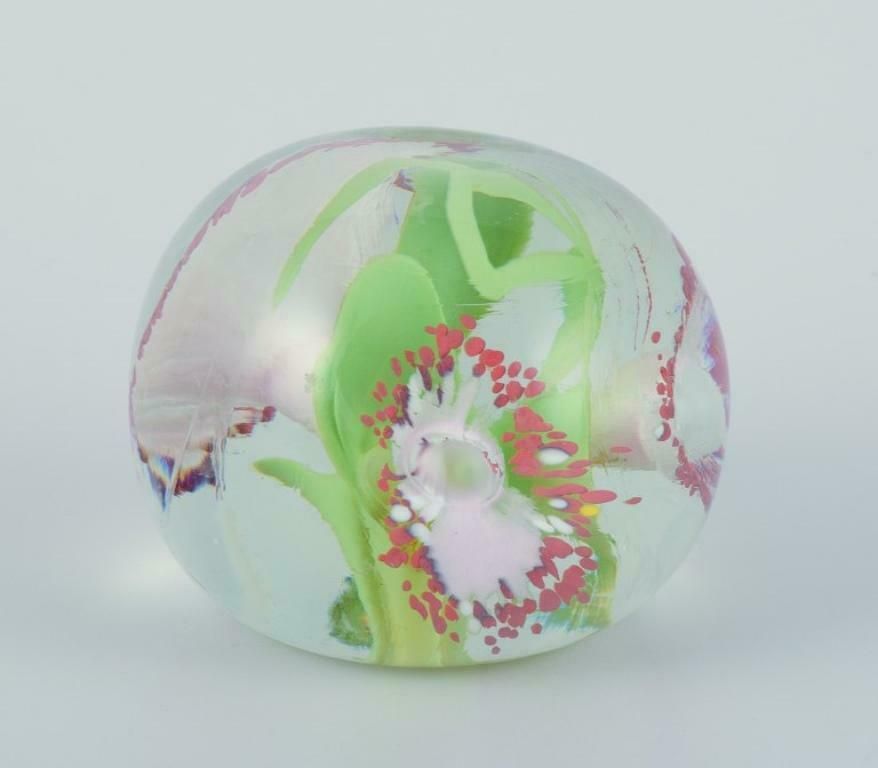 Scandinavian Glass Artist. Three Paperweights In Art Glass. Flower Motifs. photo for sale