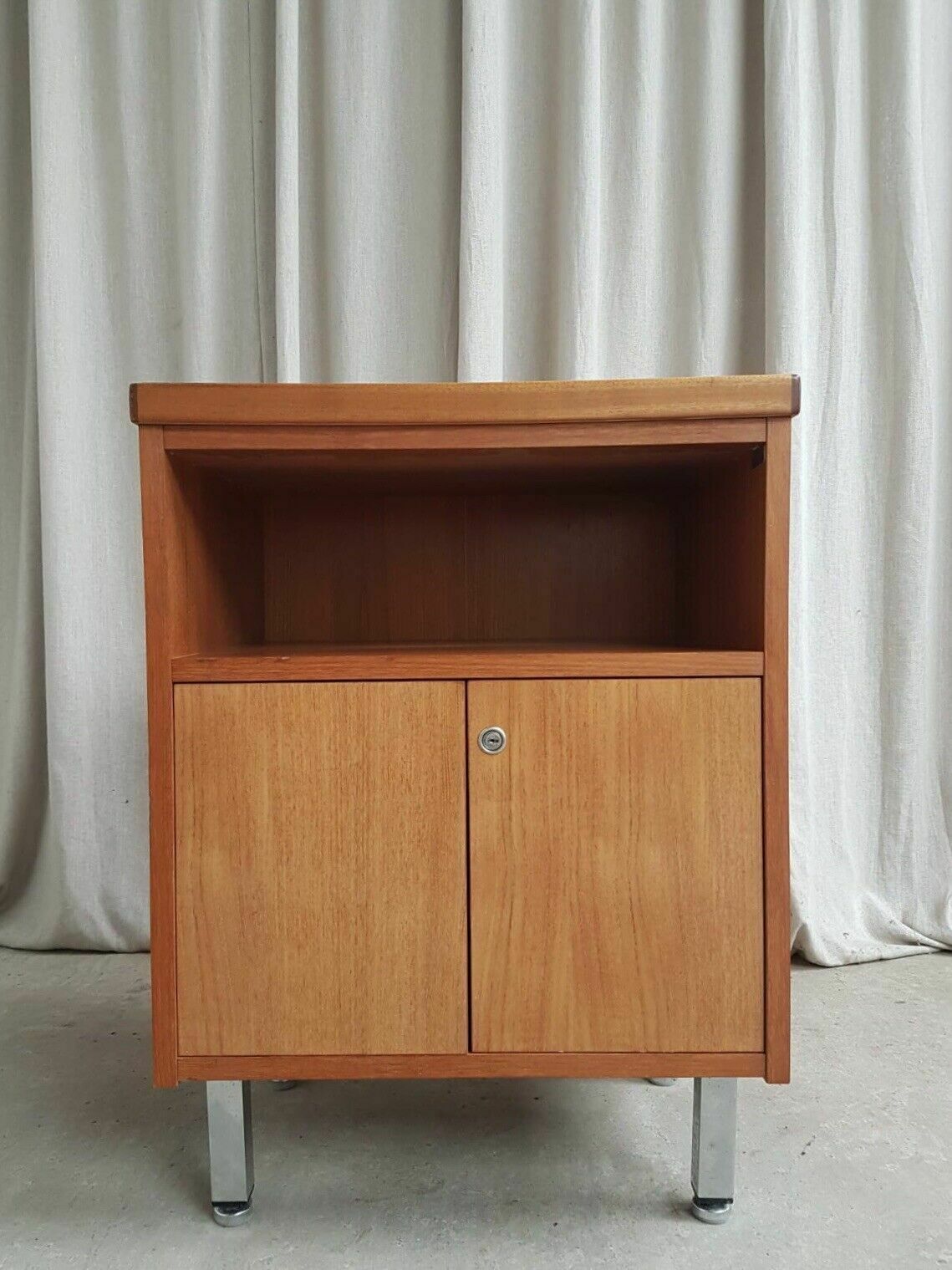 Vtg Mid Century Teak Side Bedside Media Office Cabinet Cupboard Retro photo vintage