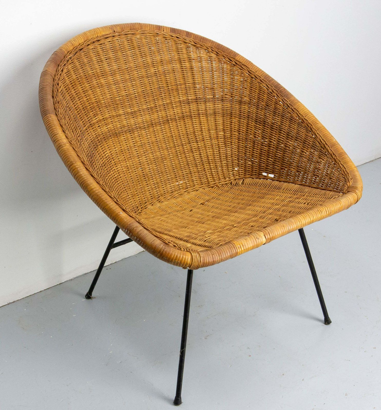 Wicker Shell Armchair On Metal Base French, Circa 1960 photo for sale