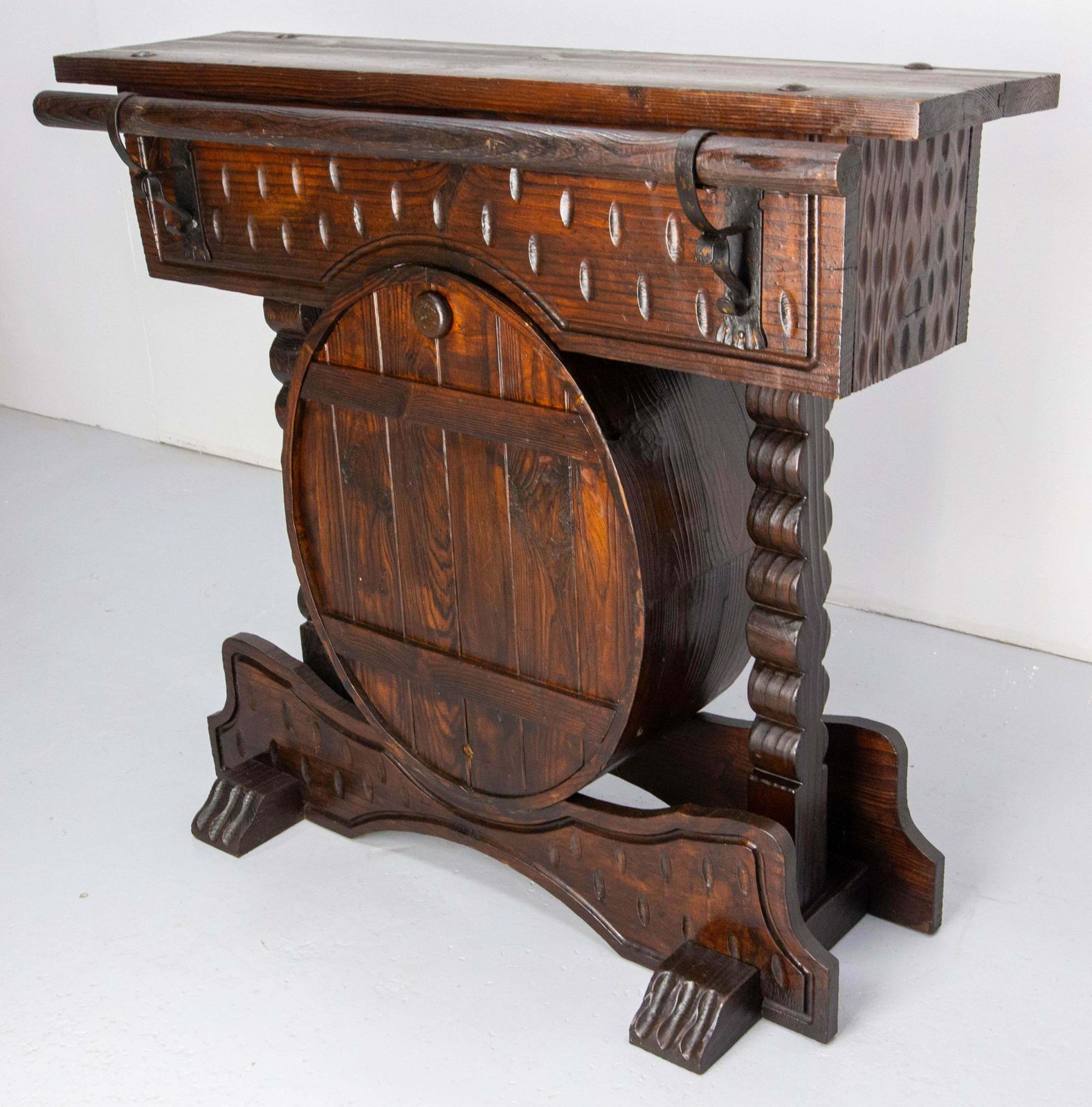 Spanish Vintage Barrel Bar Cocktail Furniture Pine Tree Wrought Iron Mid Century photo 1800.0