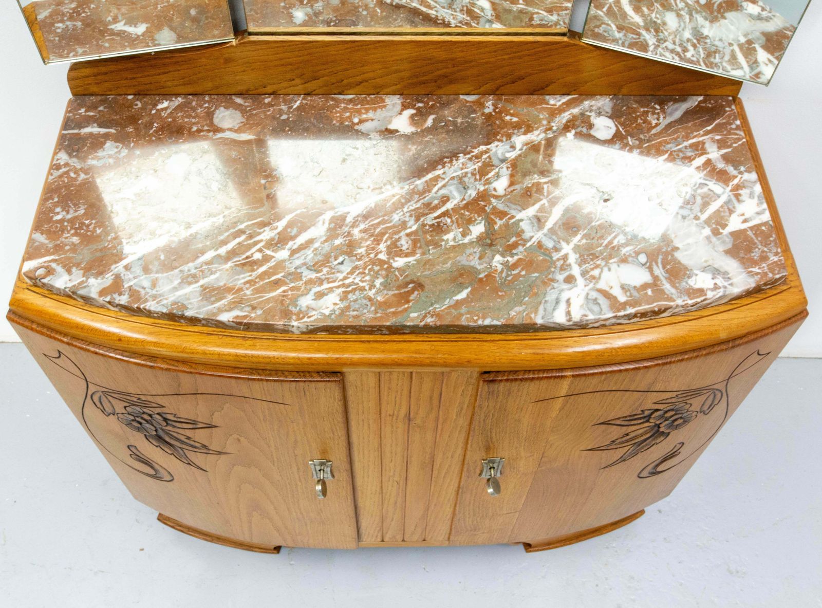 French Midcentury Oak Marble Dressing Table Vanity Unit With Three Panel Mirror photo vintage