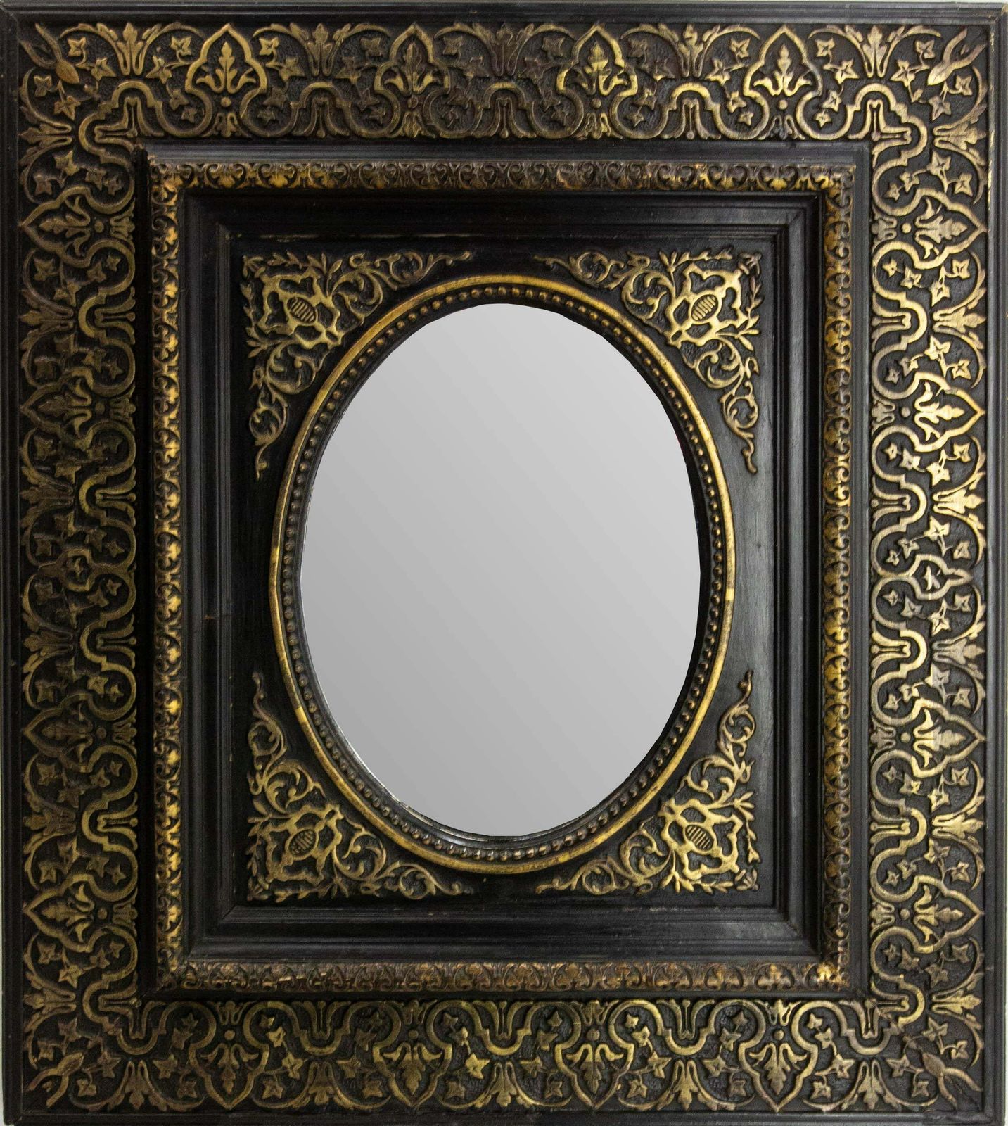 French Stucco & Wood Napoleon III Wall Mirror Golden & Black Oriental St, C 1880 photo 850.0