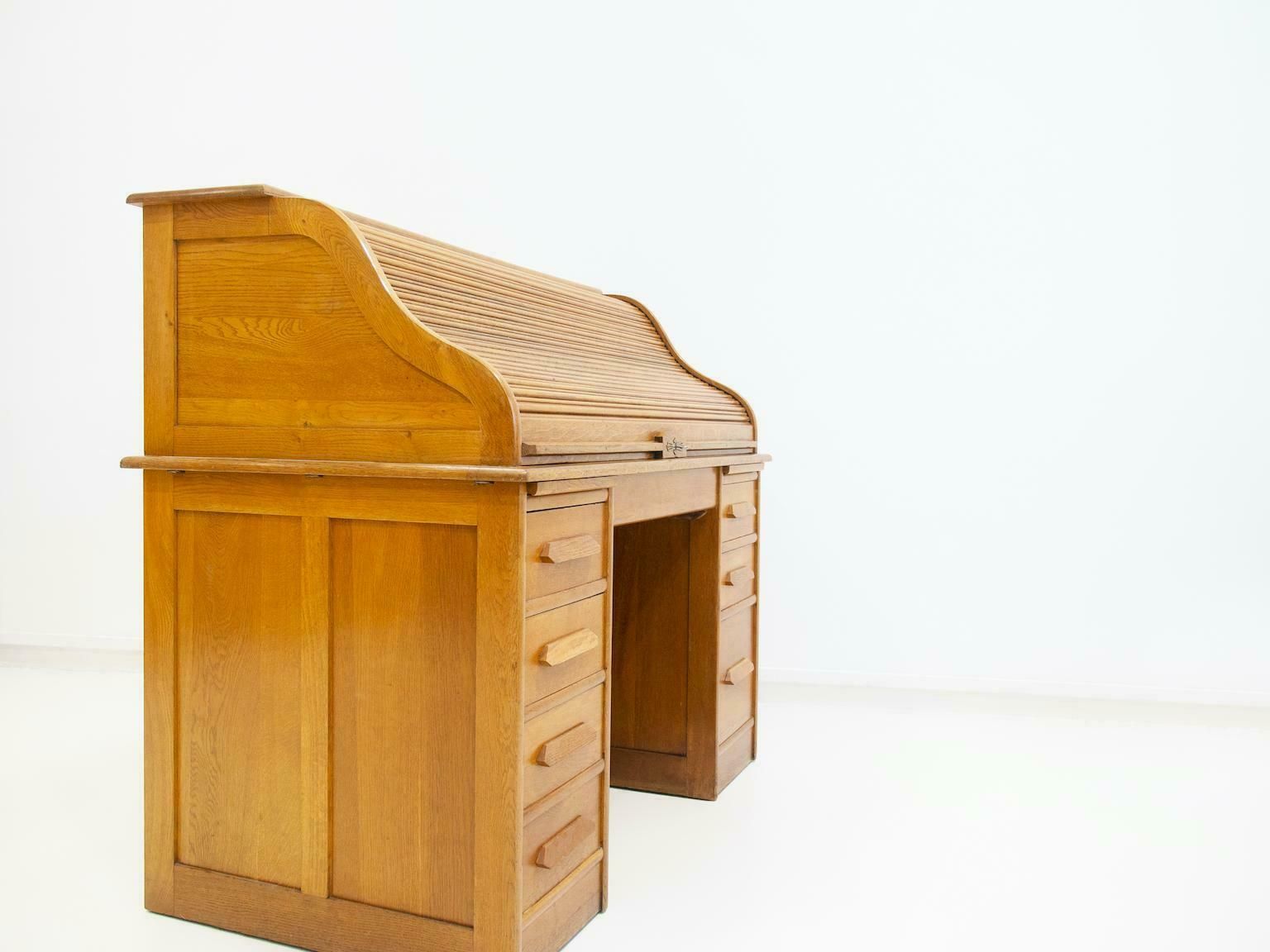 photo vinterior Oak Roll Top Secretary Desk With Drawers