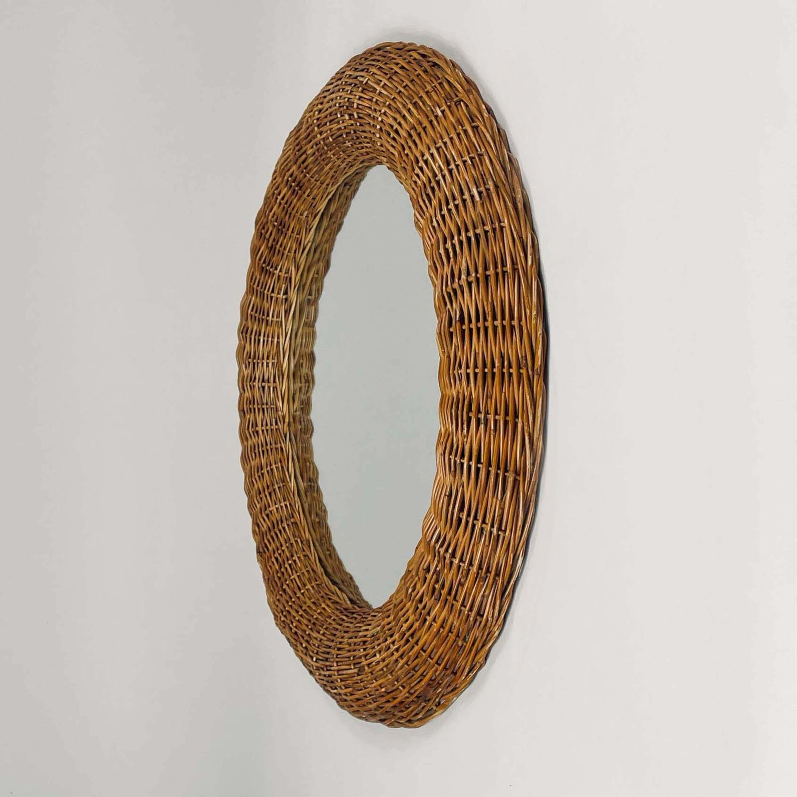 Riviera Style Round Woven Rattan Mirror, France 1950s photo vintage