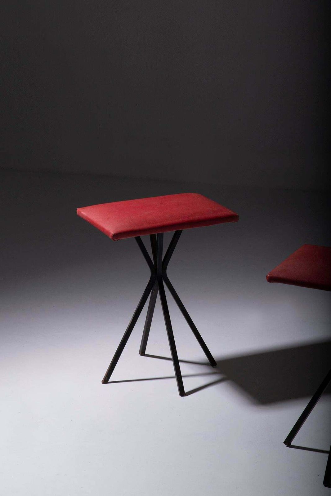 Pair Of Vintage Italian Stools In Red Faux Leather photo for sale