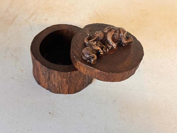 photo for sale Decorative And Jewelry Box In Wood With Carved Elephants France 1970