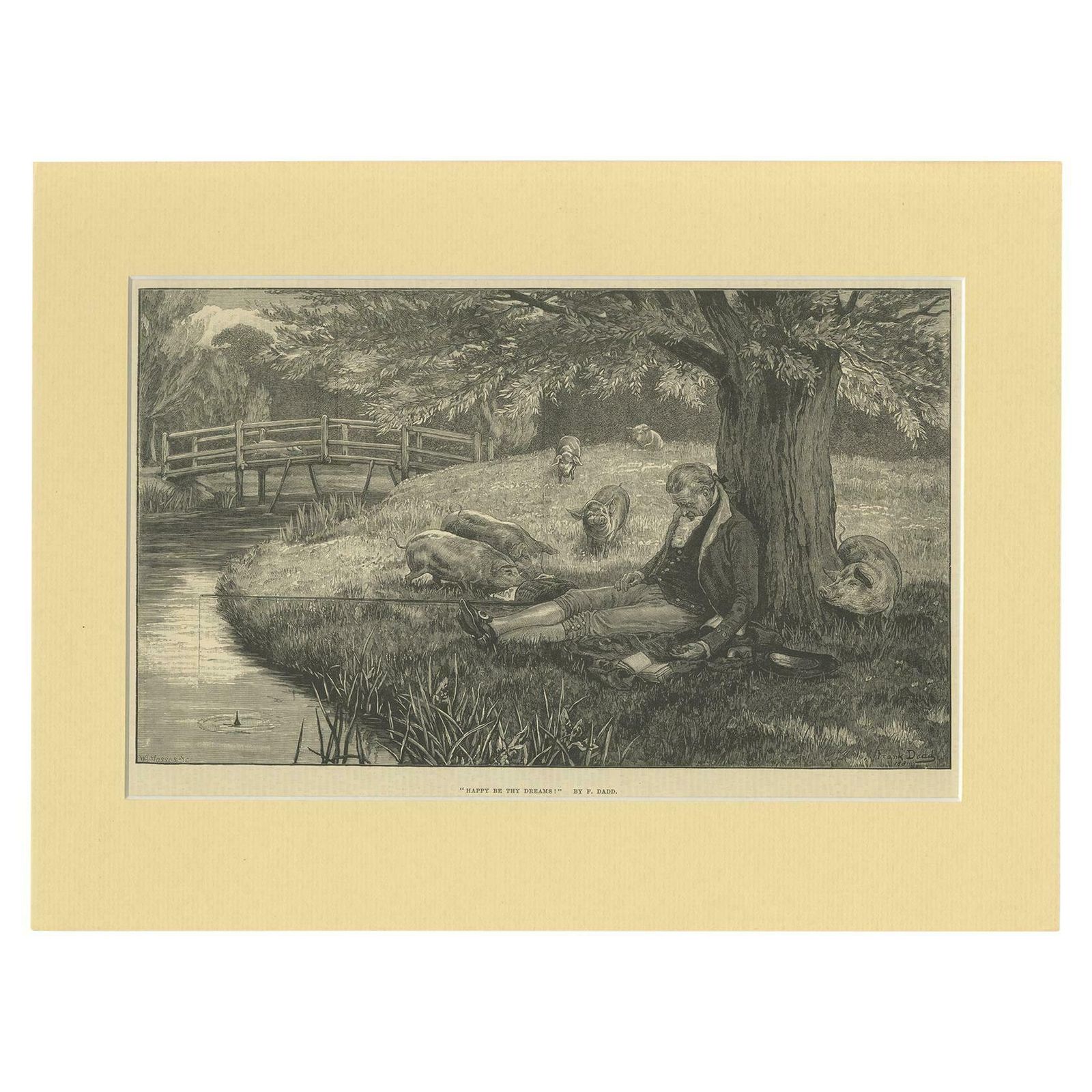 Antique Print Of A Man Fishing And Sleeping '1881'