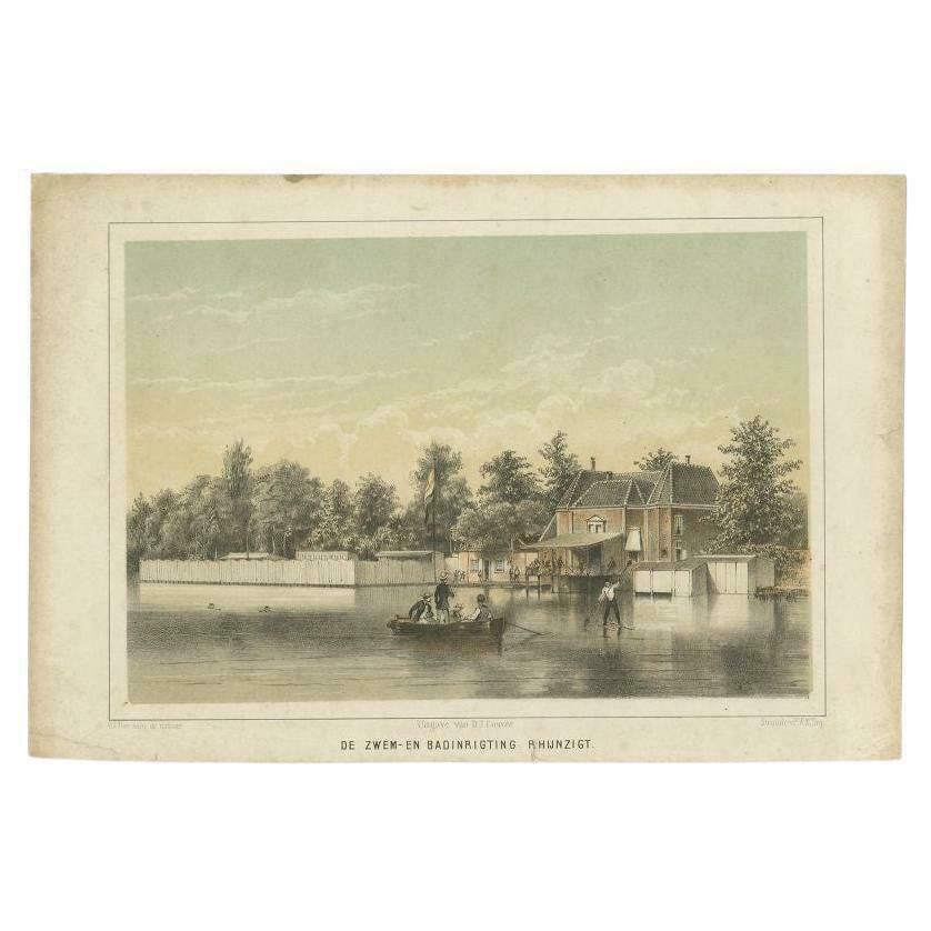 Antique Print Of The 'Rhijnzigt' Swimming Facility Of Leiden By Montagne, 1859