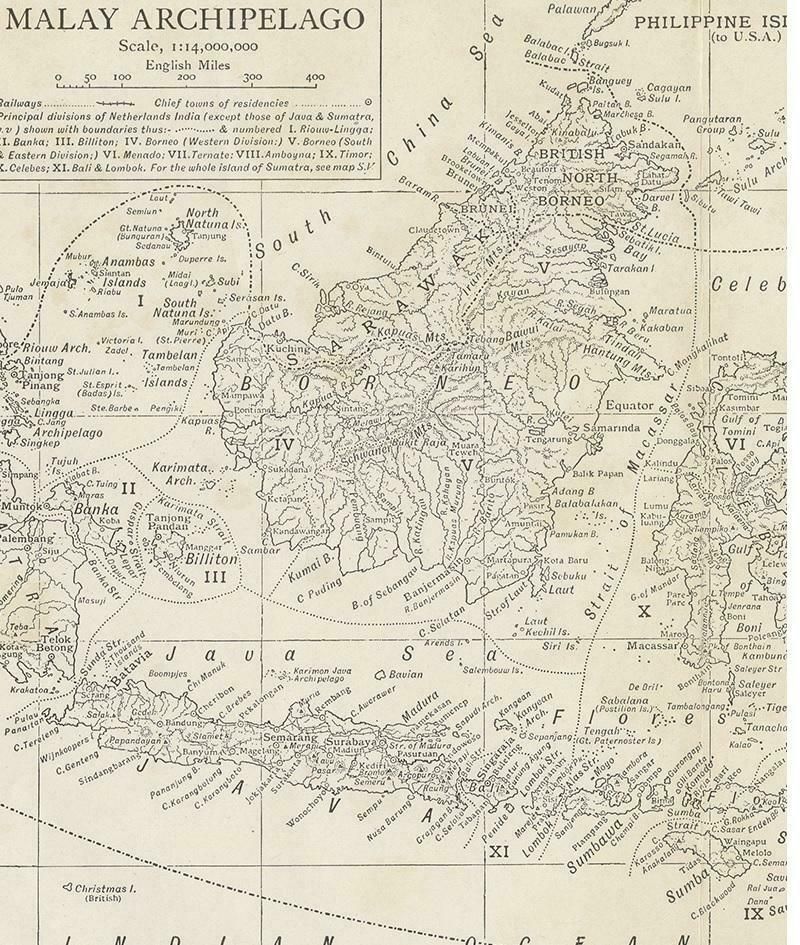 Antique Map Of The Malay Archipelago By Walker, 1911 photo for sale
