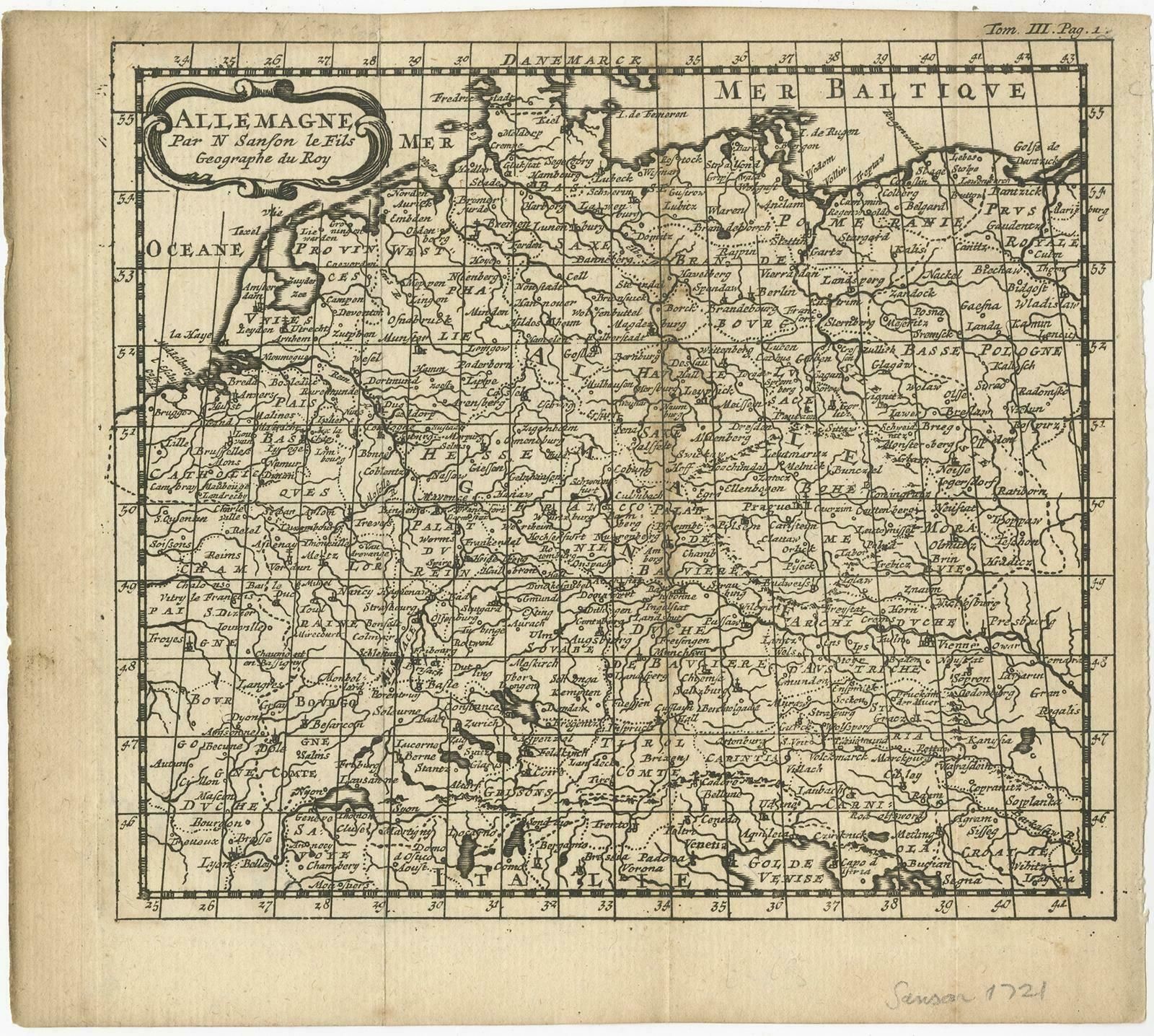 French Antique Miniature Map Of Germany And Surrounding Countries, 1721 photo 98.0