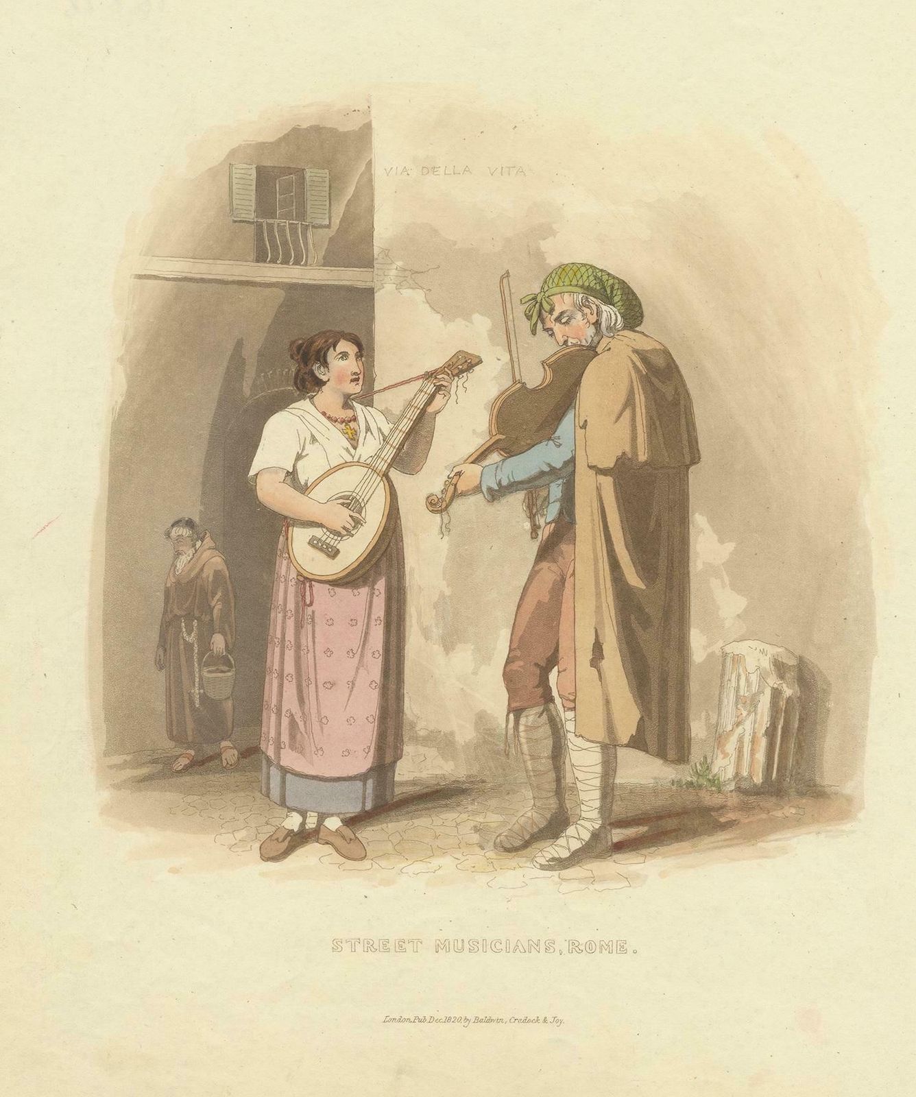 Antique Print Of Street Musicians In Rome By Baldwin, 1820 photo furniture