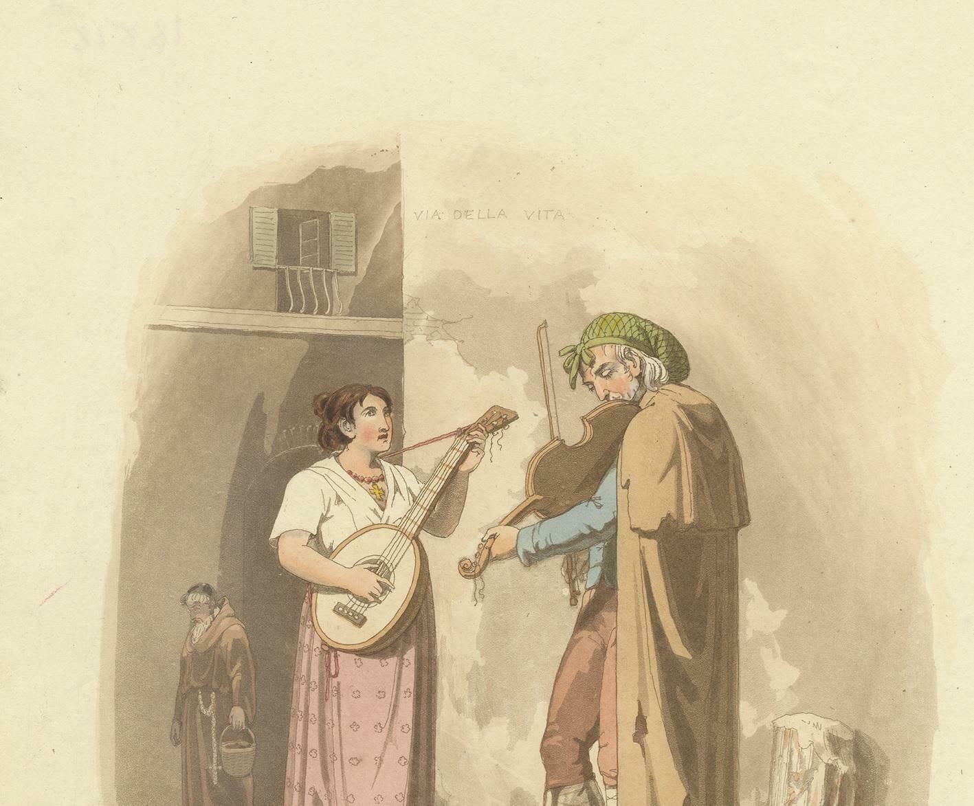 Antique Print Of Street Musicians In Rome By Baldwin, 1820 photo for sale