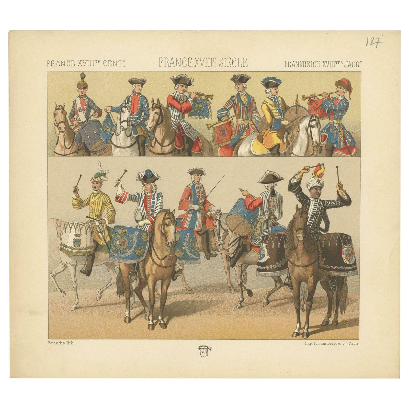 Pl. 127 Antique Print Of French 18th Century Military Music By Racinet