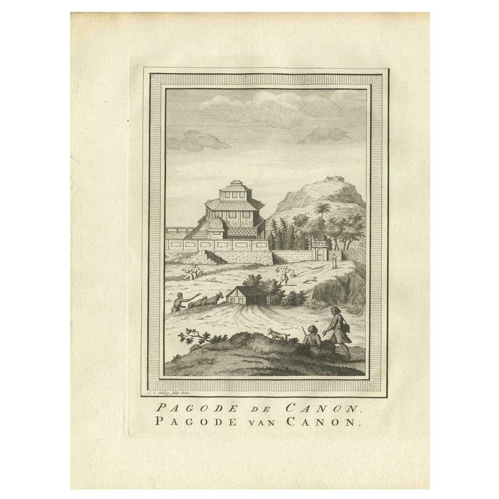 Antique Print Of The Canon Pagoda By Van Schley, '1758'