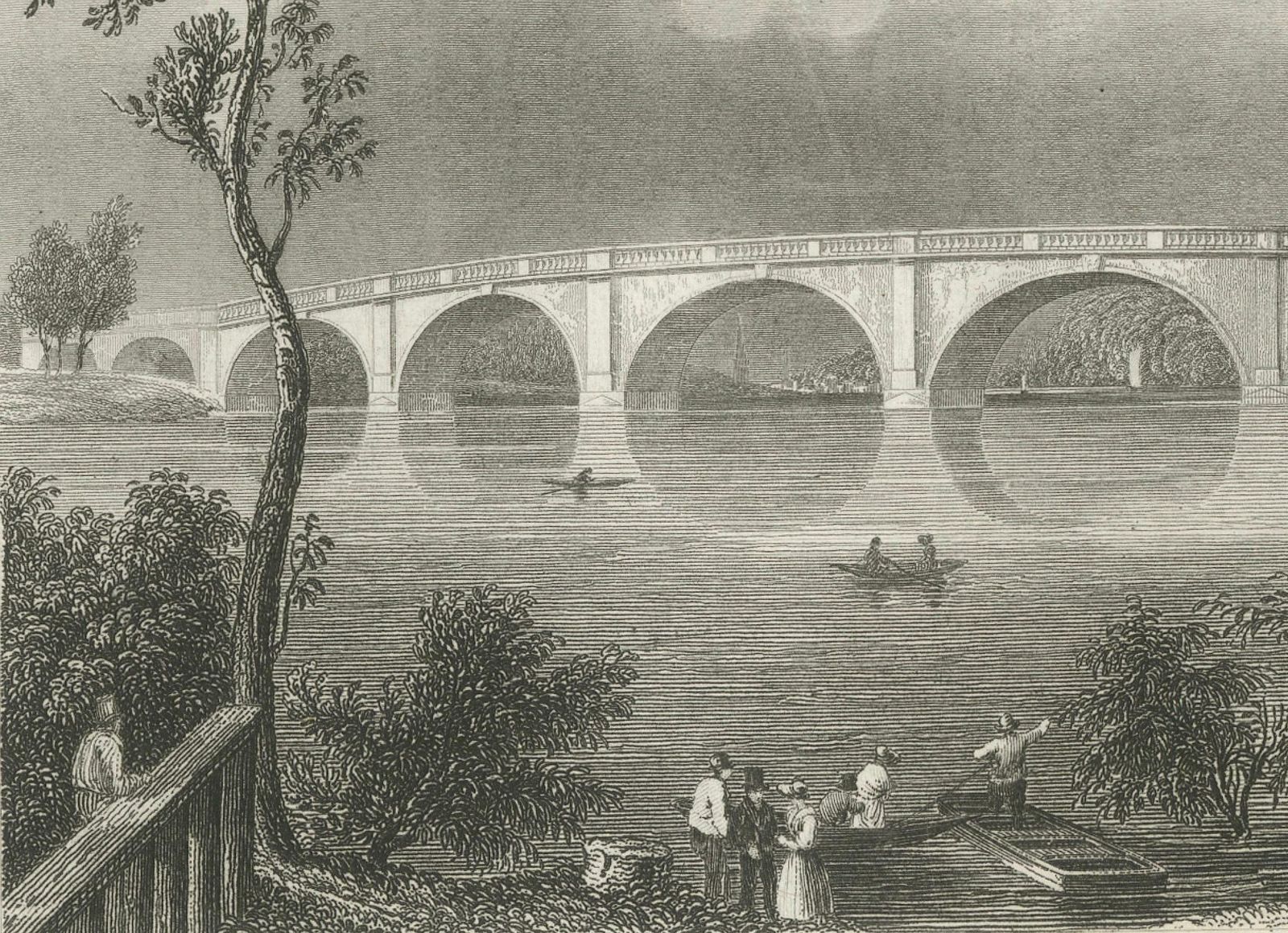 Charming Engraving Of Kew Bridge Over The River Thames, 1835 photo for sale