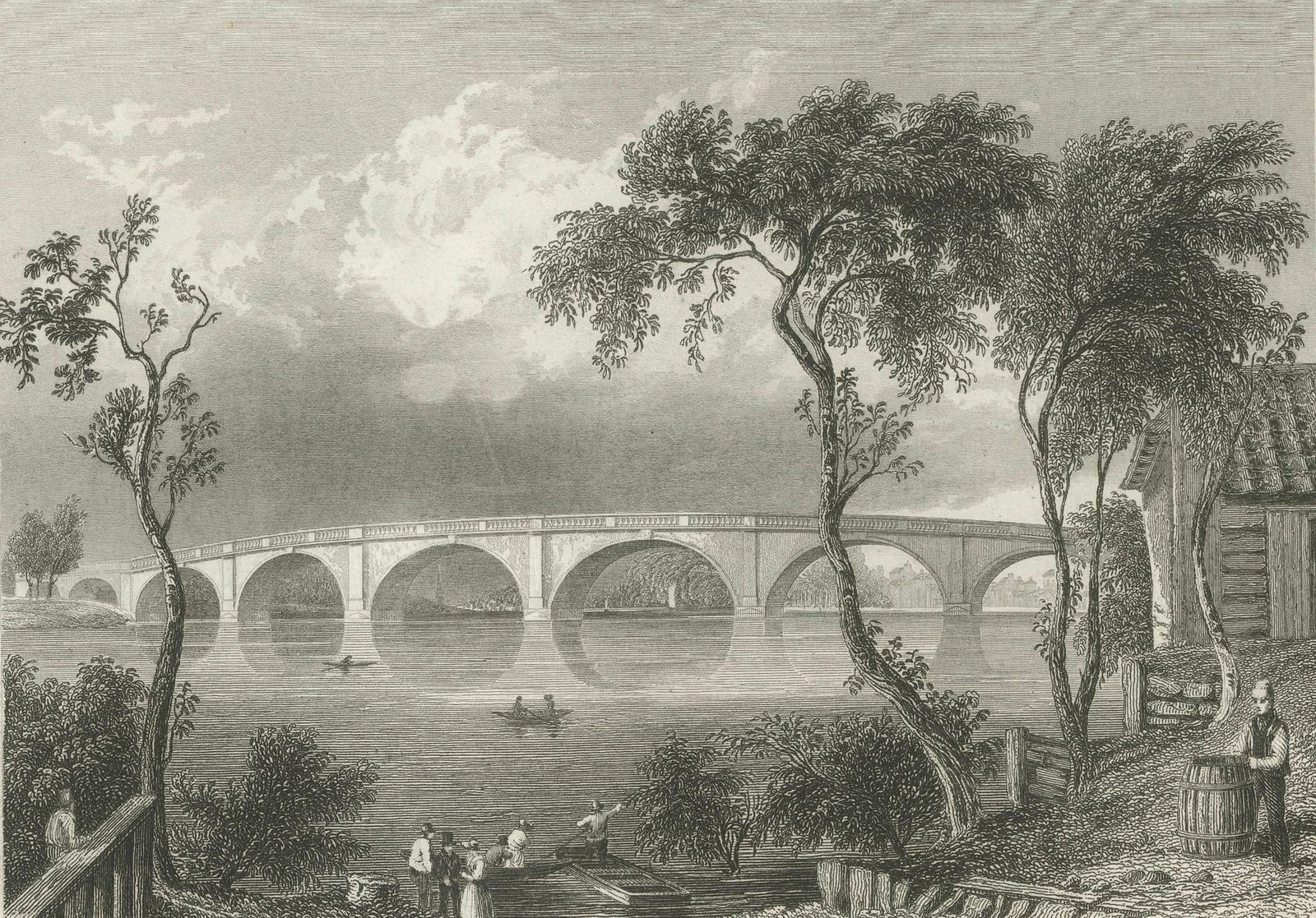 Charming Engraving Of Kew Bridge Over The River Thames, 1835 photo vinterior