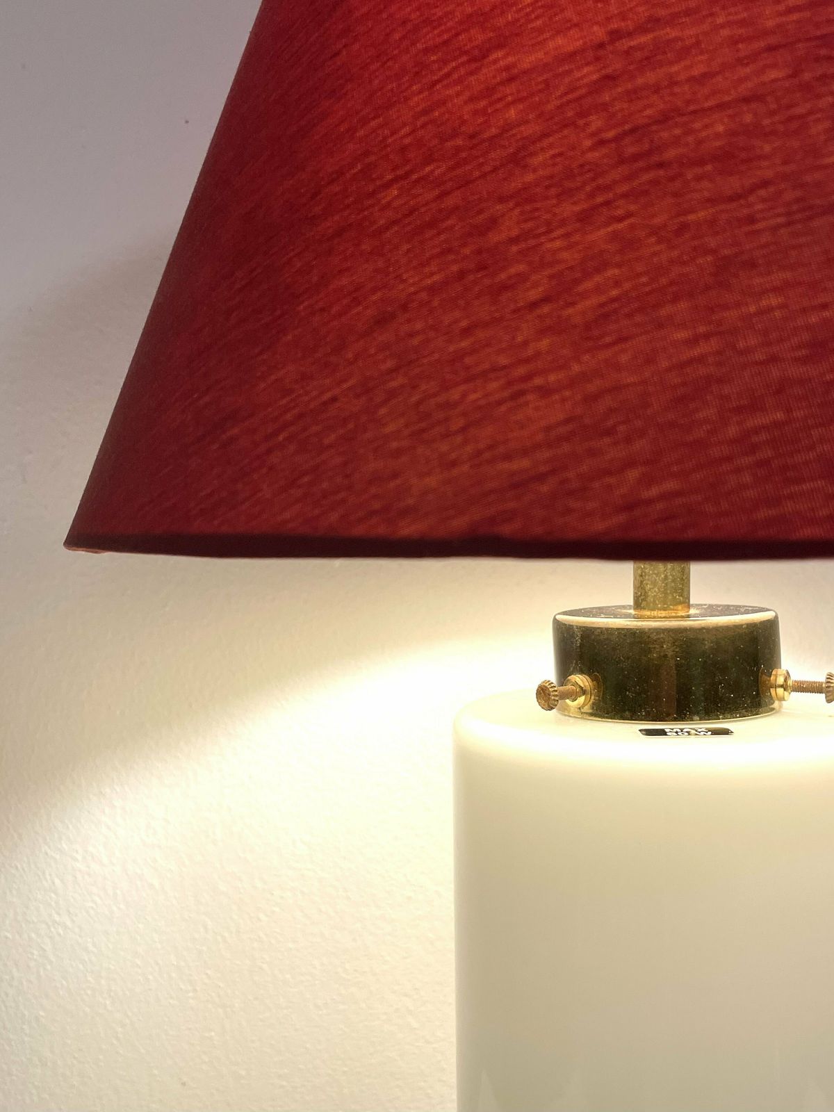 Danish Vintage Mid Century Modern Beautiful White Glass Table Lamp With Bordeaux Fabric Shade photo Lighting