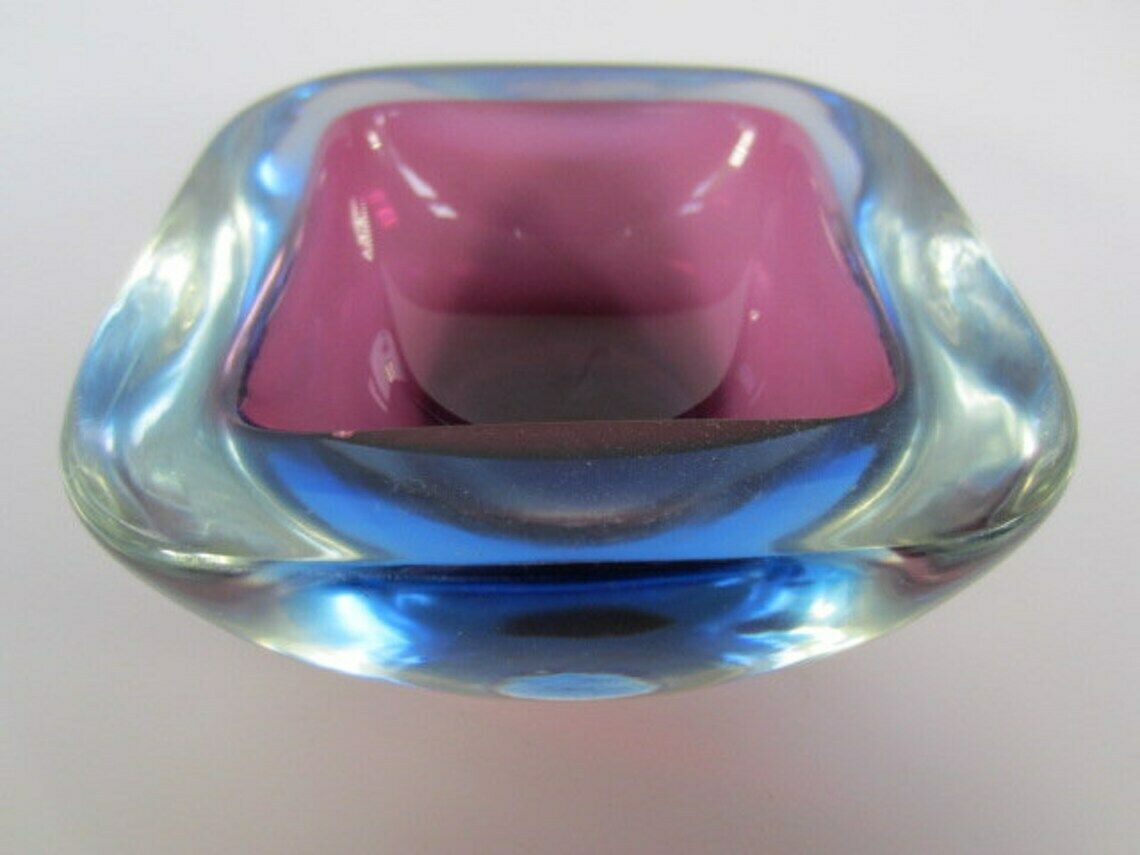Murano Poli Seguso Era Square Art Glass Geode Bowl Sommerso Purple And Blue