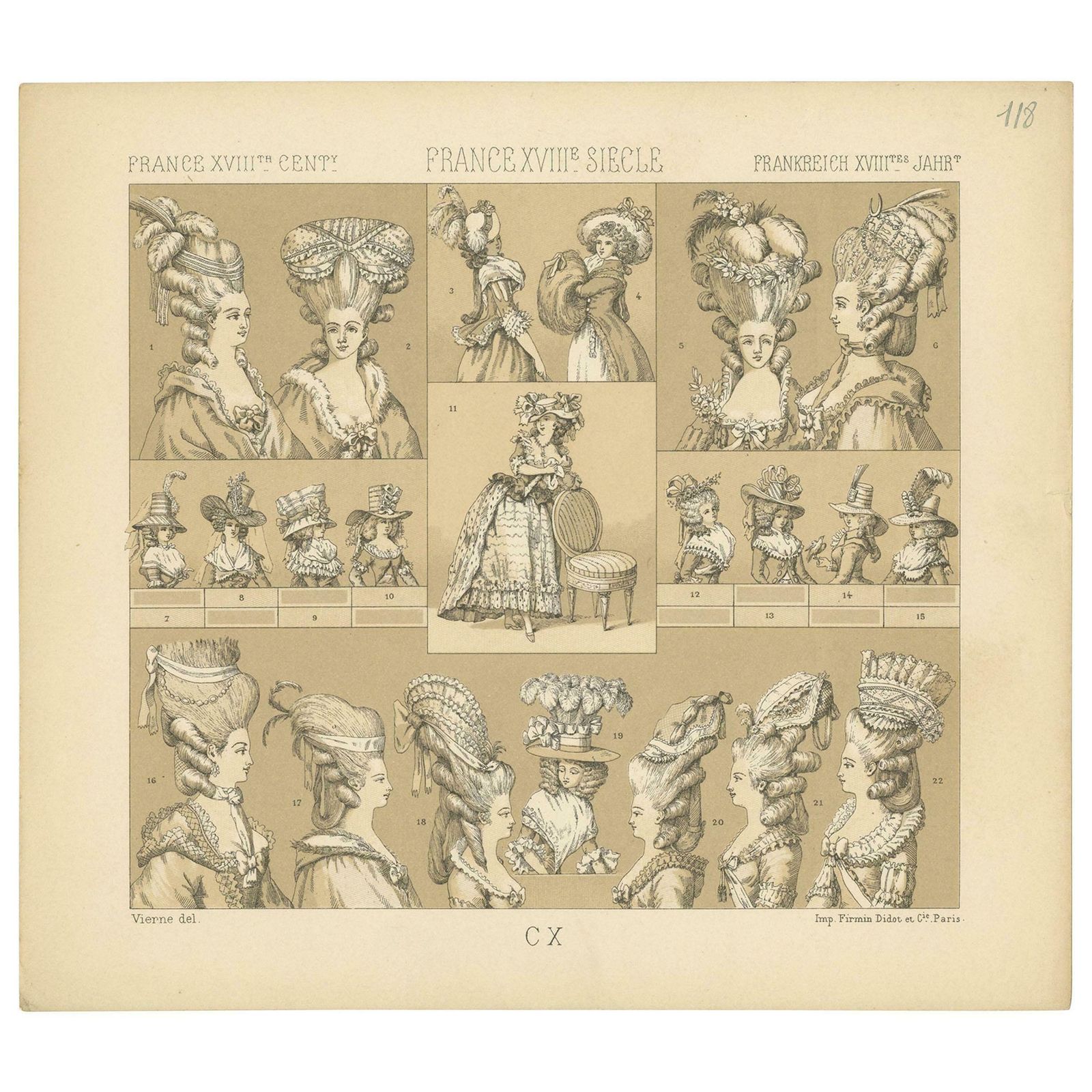 Antique Print Of French 18th Century Women's Hats By Racinet