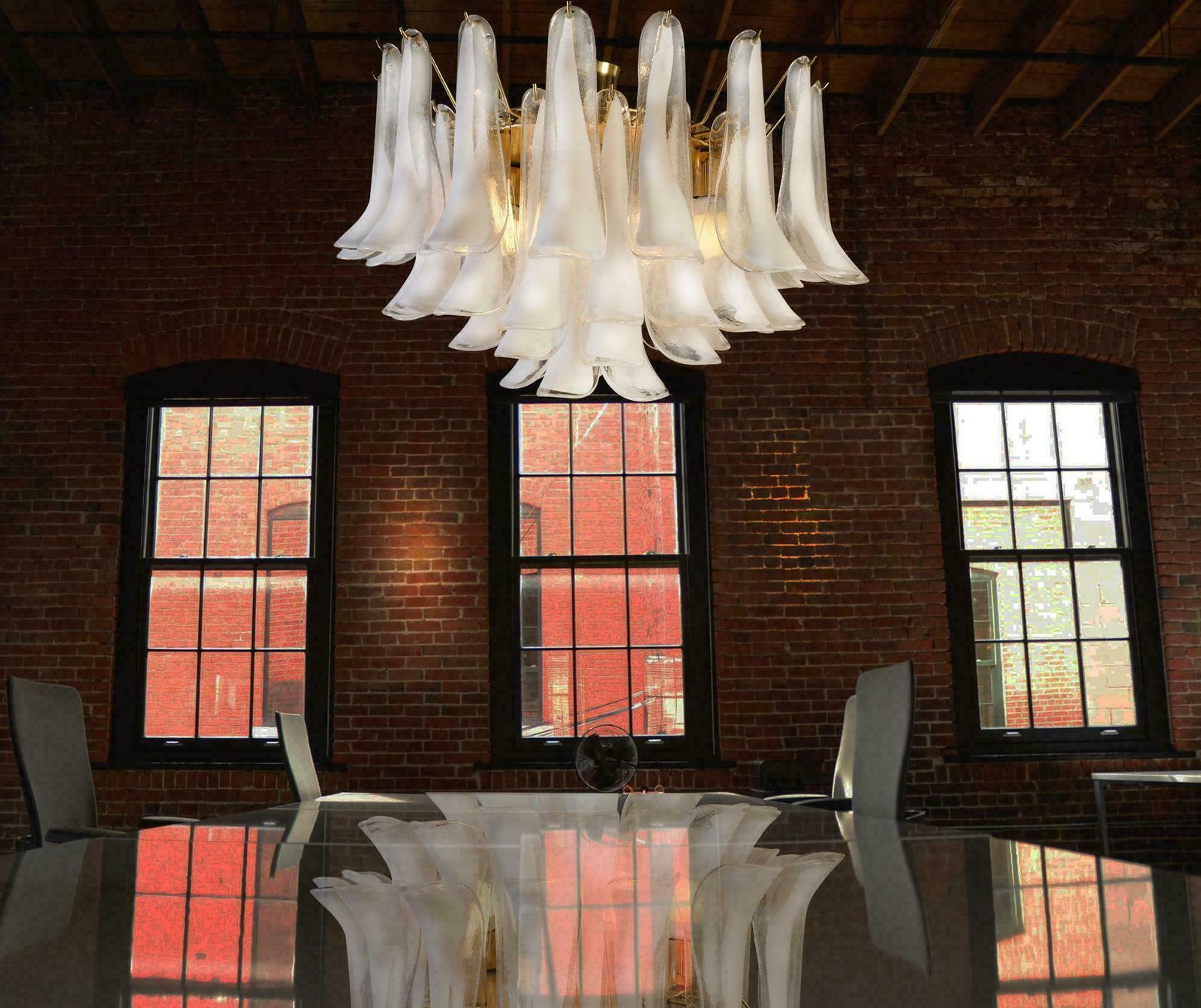 Spectacular Pair Of White Petals Murano Glass Chandeliers photo Lighting