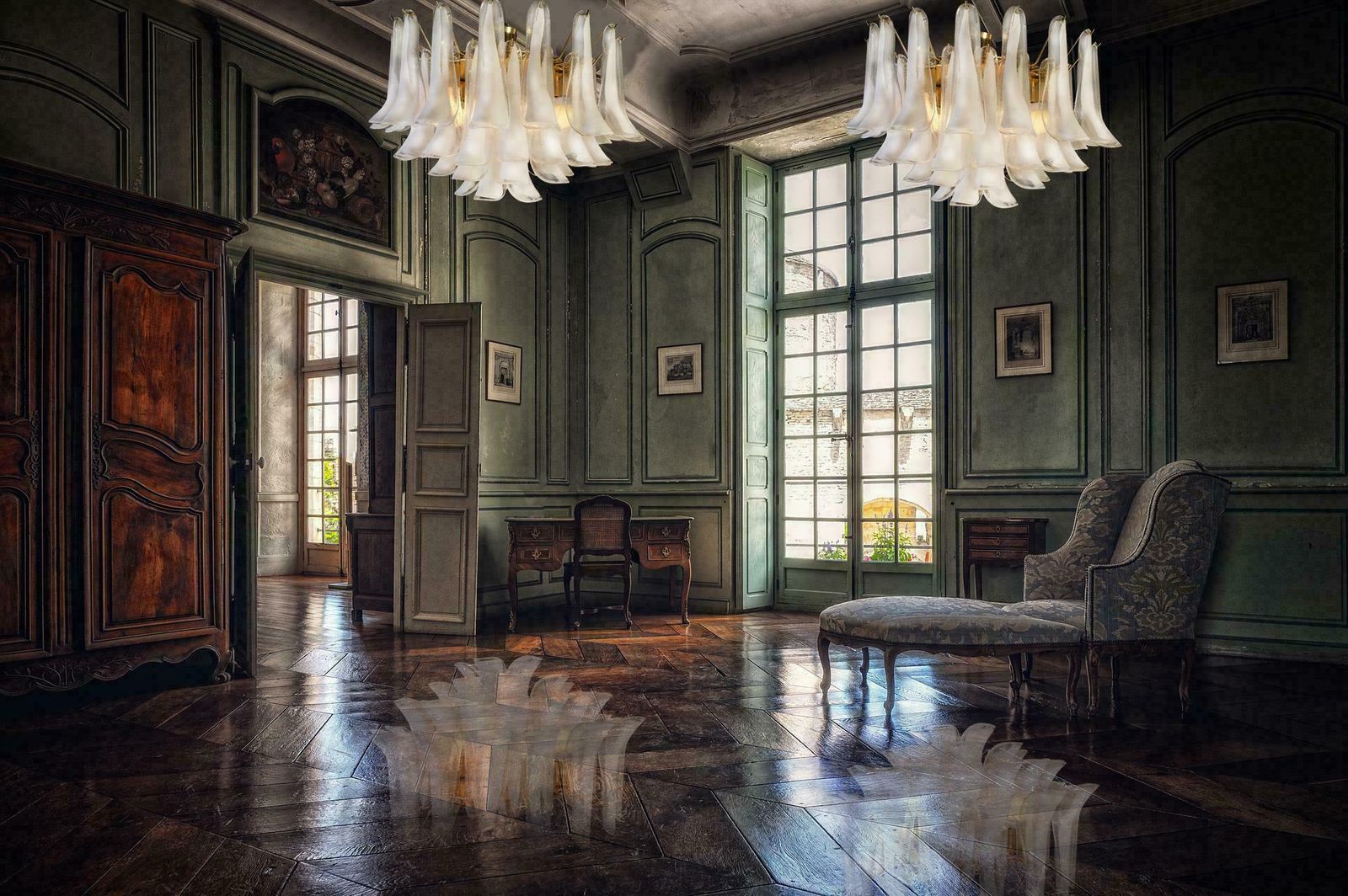 Spectacular Pair Of White Petals Murano Glass Chandeliers photo buy