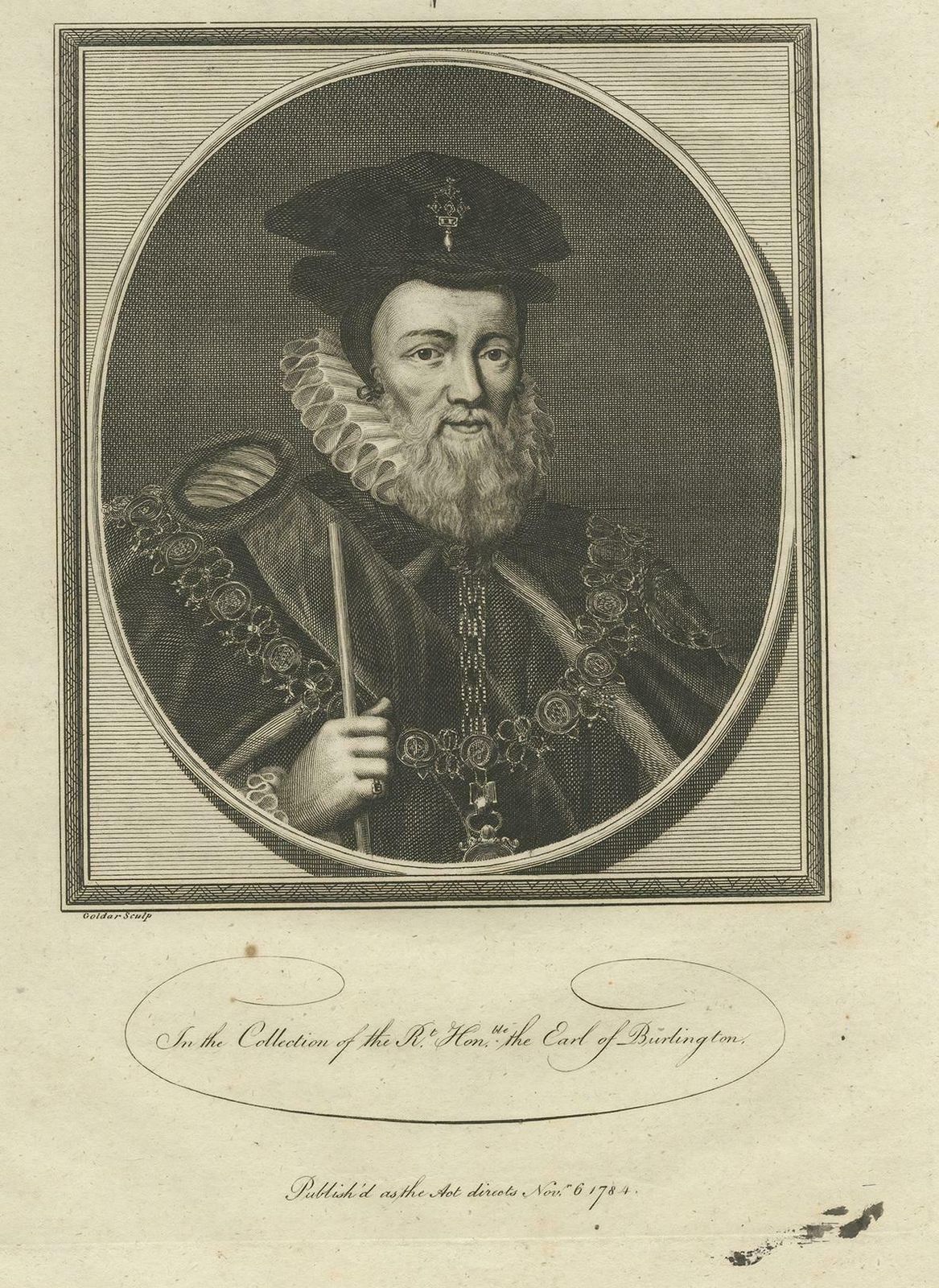 Antique Portrait Of William Cecil By Goldar, 1784 photo Art