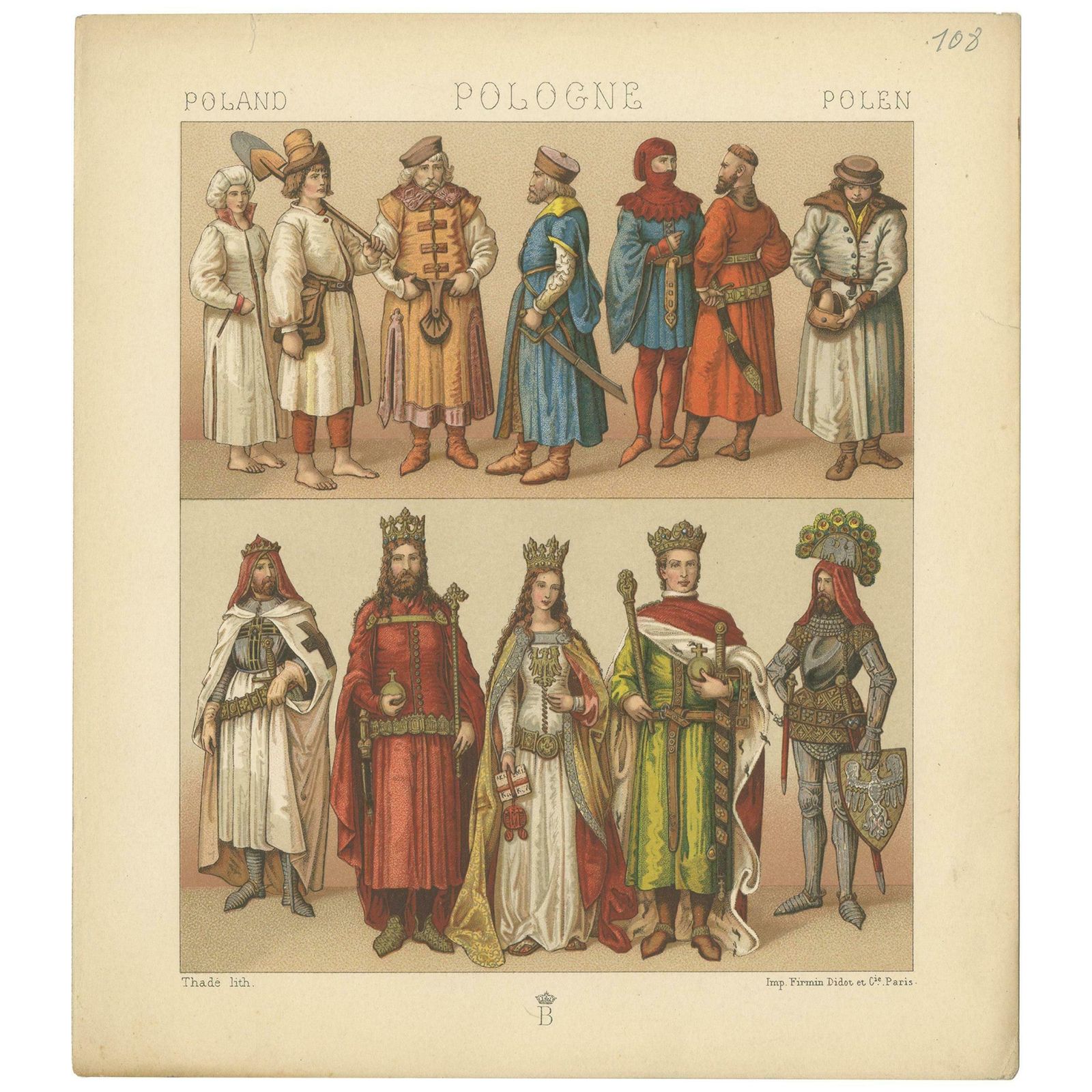 Antique Print Of Polish Costumes Racinet, 'Circa 1880'