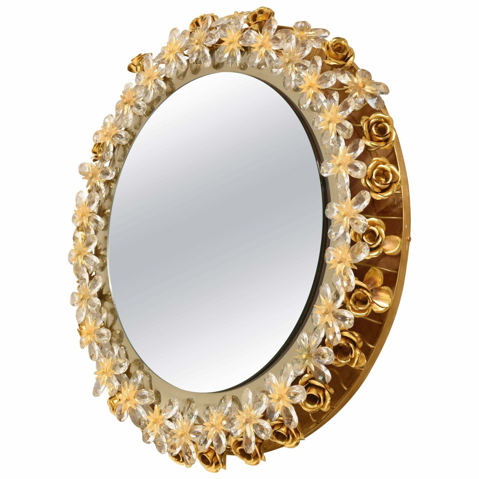 Large Crystal Flowers And Gilt Roses Illuminated Mirror By Palwa