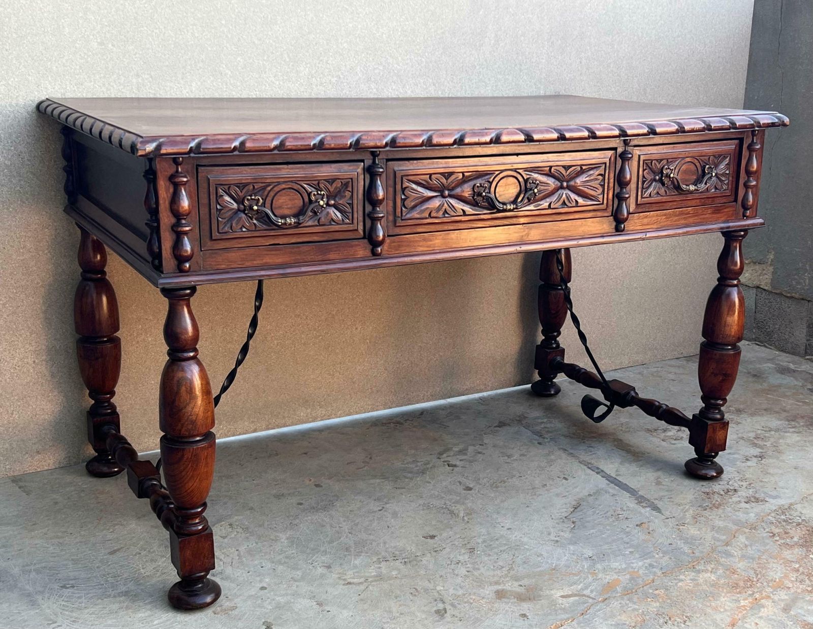 20th Two Sides French Louis XV Style Carved Walnut Desk With Three Drawers photo Furniture