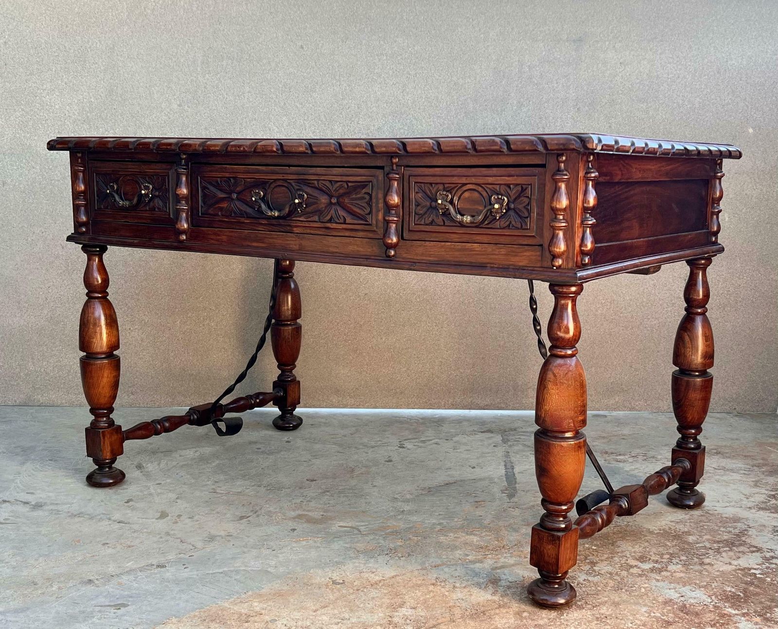 20th Two Sides French Louis XV Style Carved Walnut Desk With Three Drawers photo 4101.0