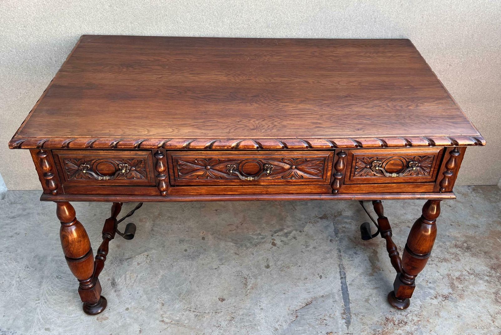 20th Two Sides French Louis XV Style Carved Walnut Desk With Three Drawers photo vintage