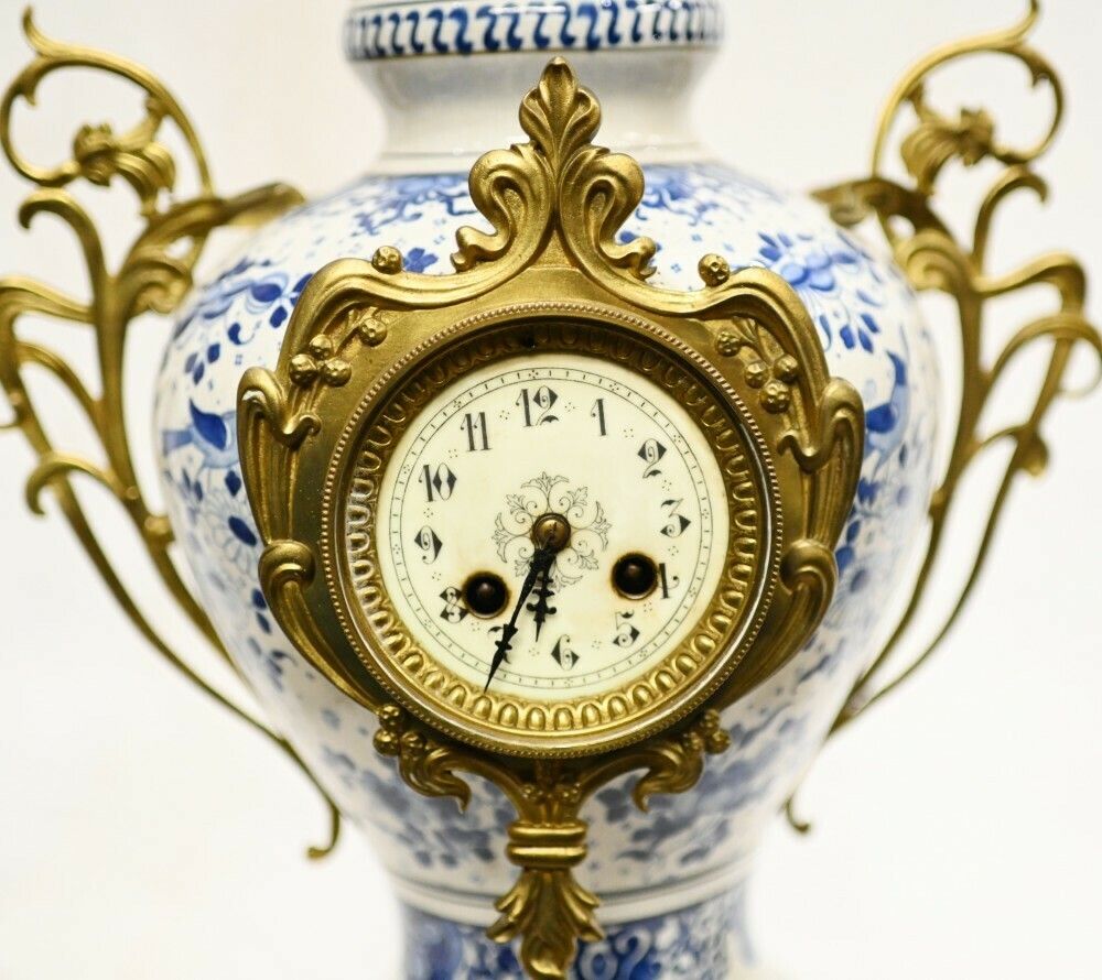 photo furniture Delft Porcelain Clock Mantle Garniture Gilt Urns