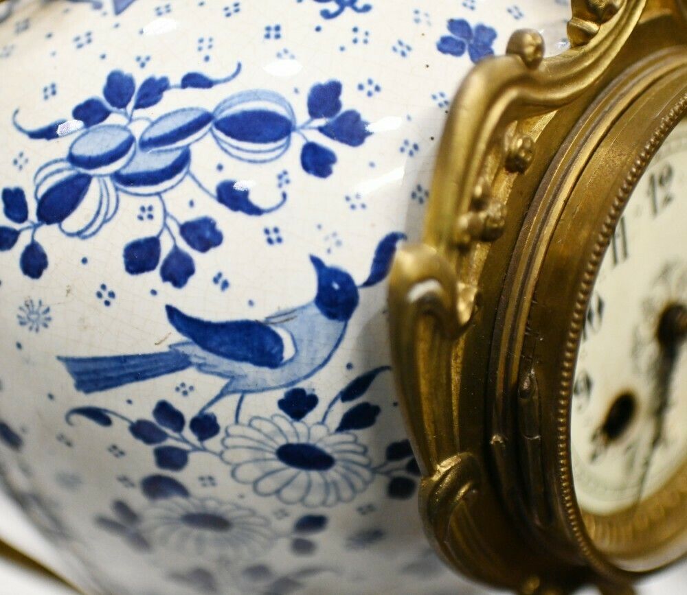 photo for sale Delft Porcelain Clock Mantle Garniture Gilt Urns