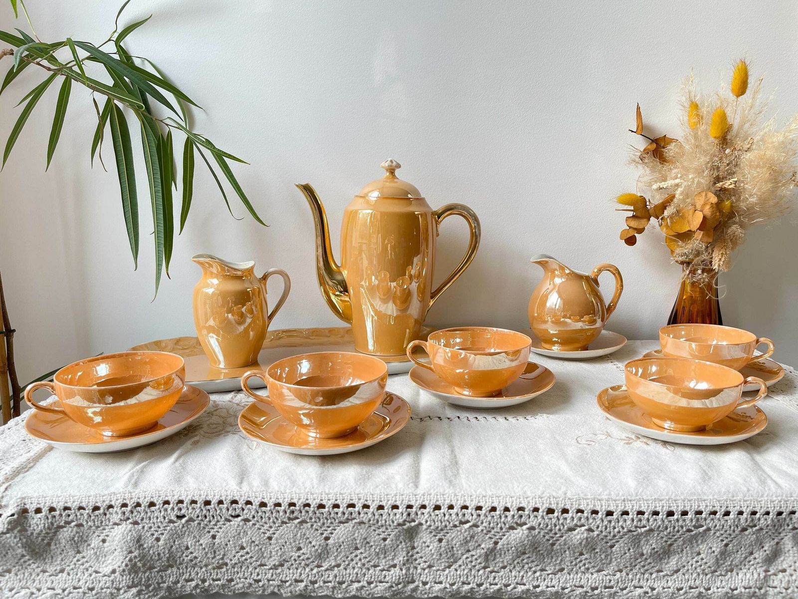 Vintage Luster Czecho Slovaquia Victoria China Iridescent Peach Tea Set 1950   Midcentury Lusterware Czecho Slovaquia   Cups