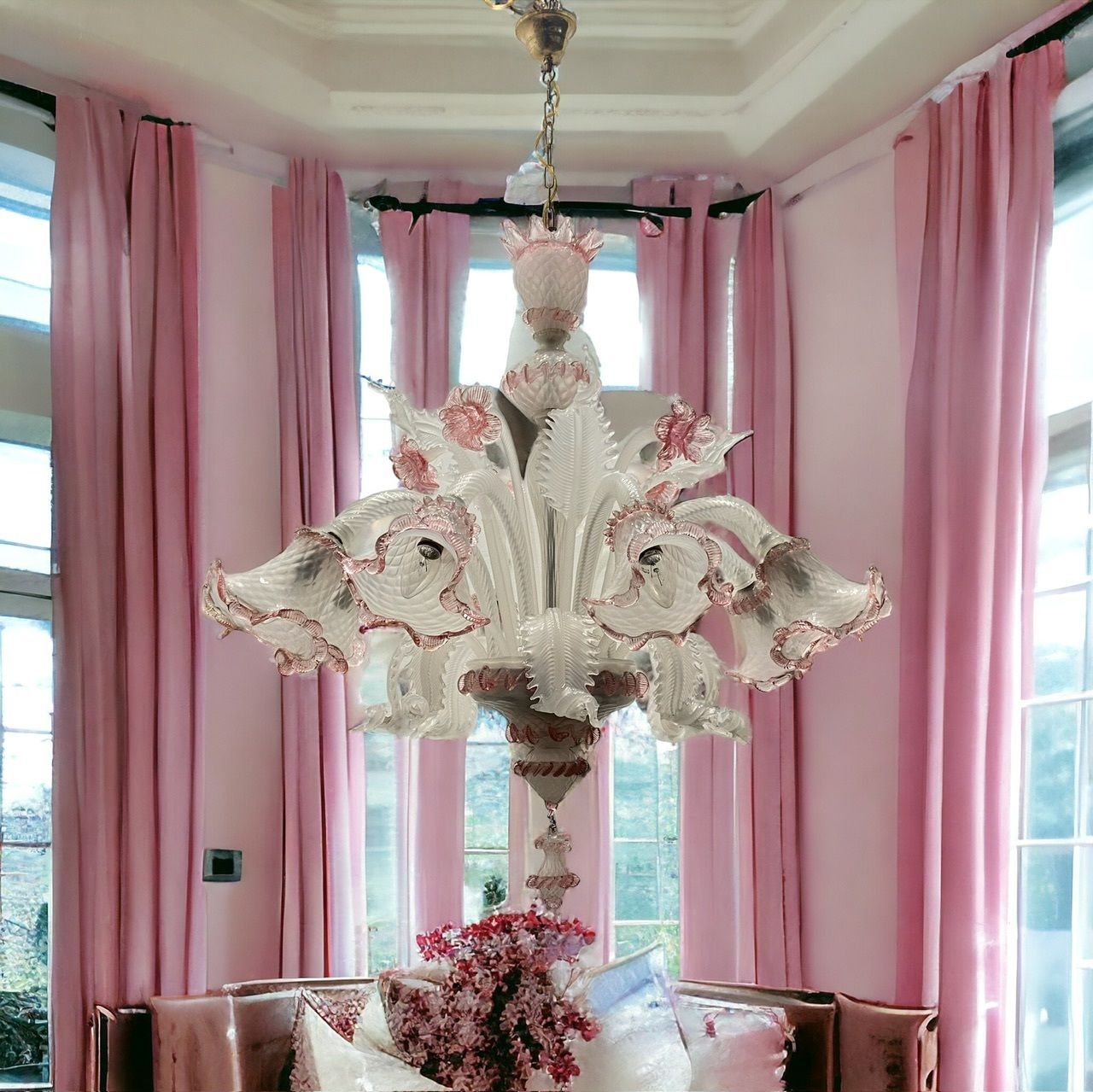 Large Blossom Pink Venetian Chandelier 1960’s photo for sale