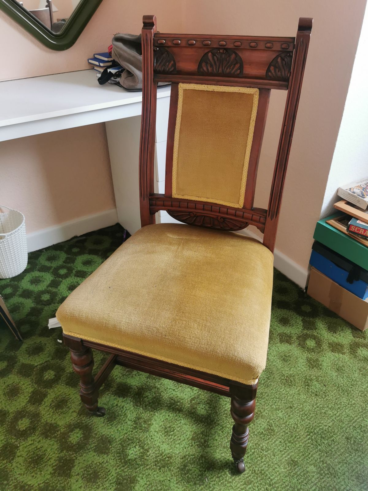 Set Of 4 Antique Oak And Velour Dining Chairs
