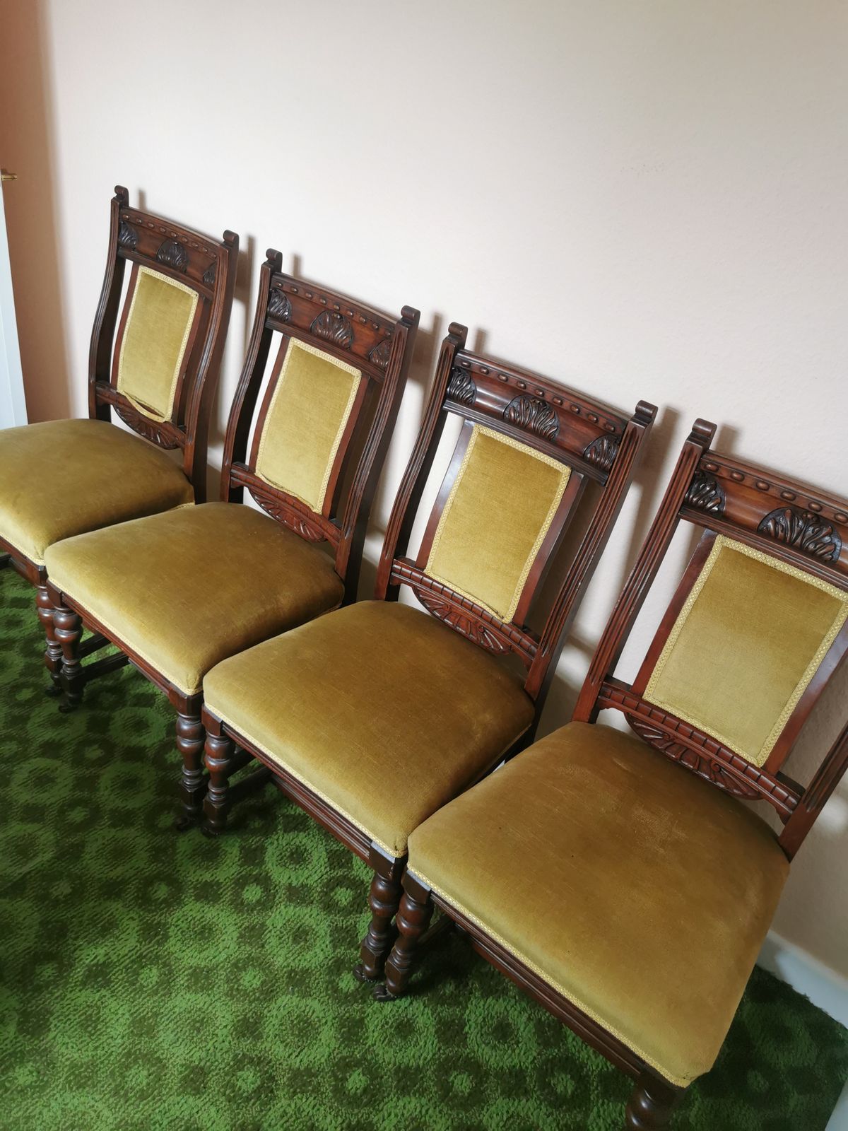 Set Of 4 Antique Oak And Velour Dining Chairs photo 300.0