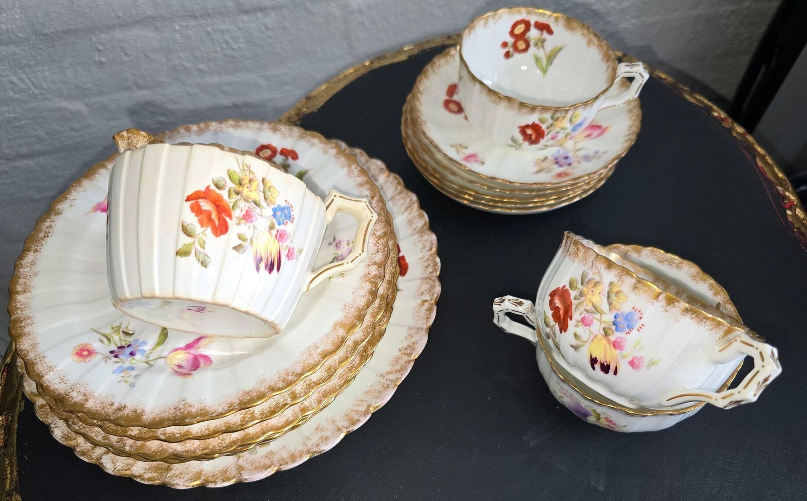 Antique Cbl Hand Painted And Gilded Floral Fine Bone China Set Plates And Cups 13 Pcs