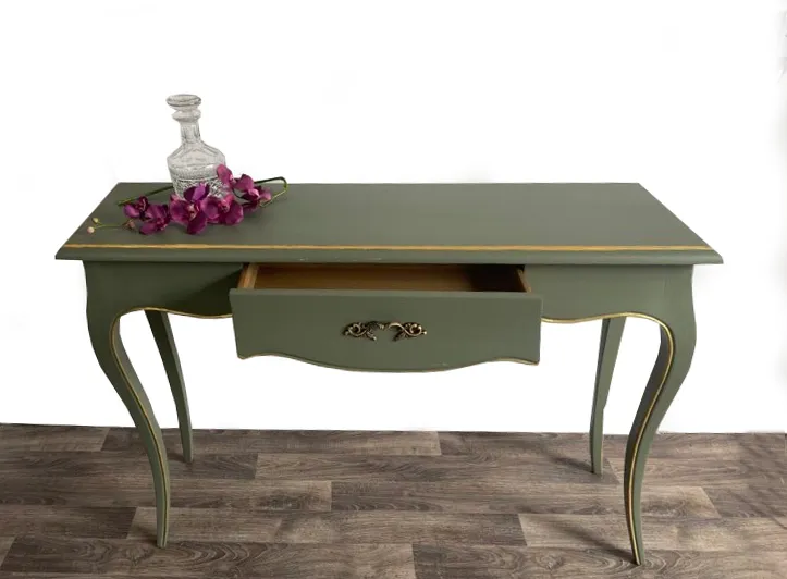 1970s Green & Gold Mid Century Vintage Solid Wood Dressing Table Hand Painted, Refurbished photo vinterior